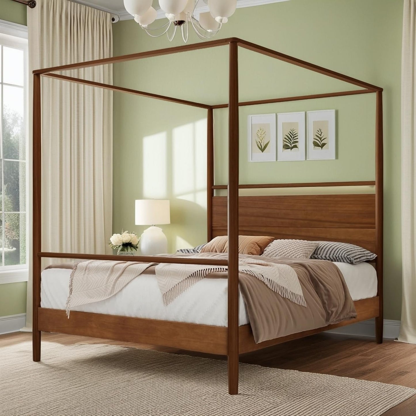 SOFTSEA Canopy Bed Frame Full Size, Solid Wood 4 Posters Canopy Bed Frame, Mid-Century Canopy Platform Bed with Headboard for Bedroom, No Box Spring Needed, Walnut