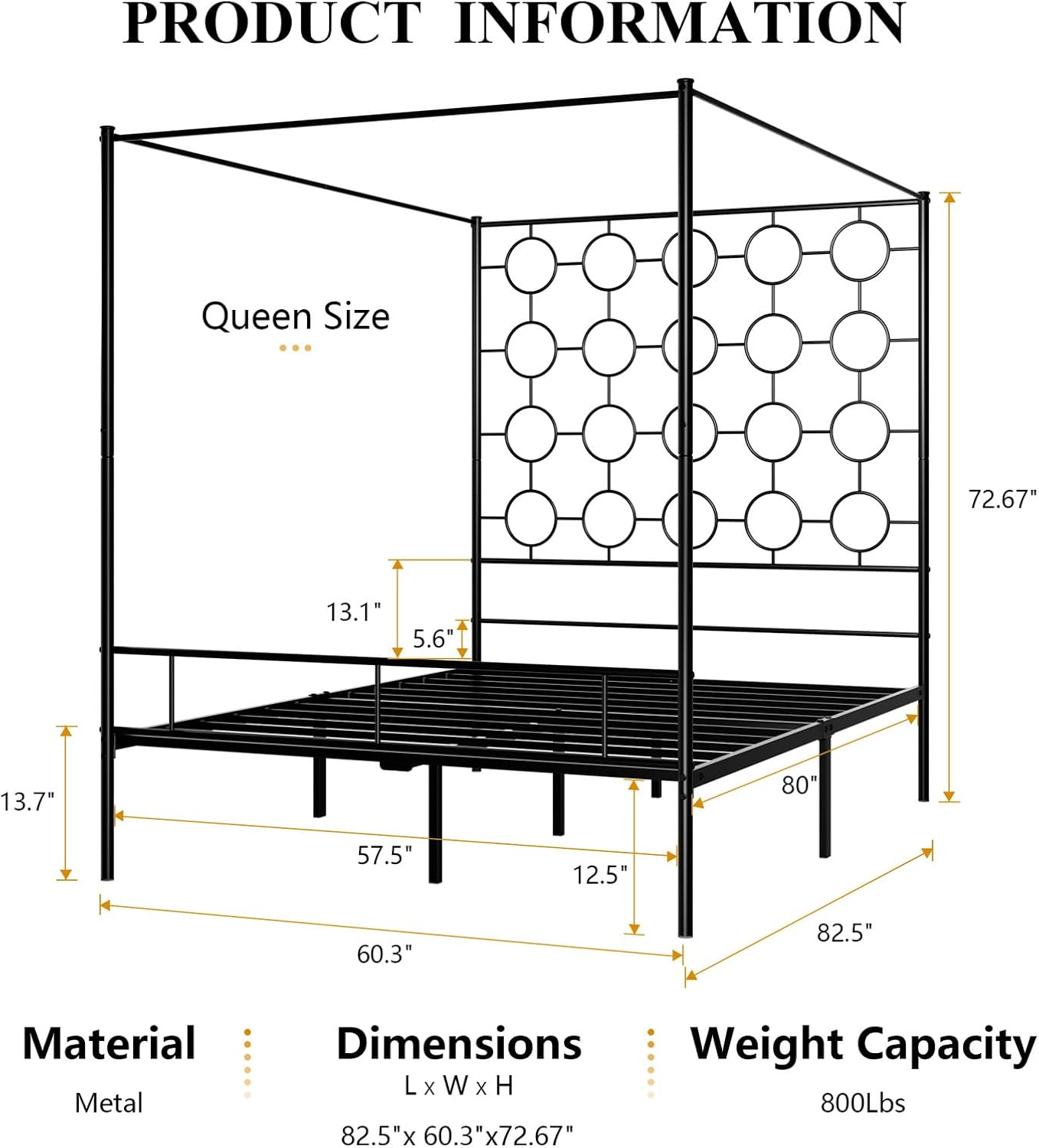 Queen Size Metal Canopy Bed Frame, Mattress Foundation with Metal Slat Support, No Box Spring Needed, Easy Assembly, Black