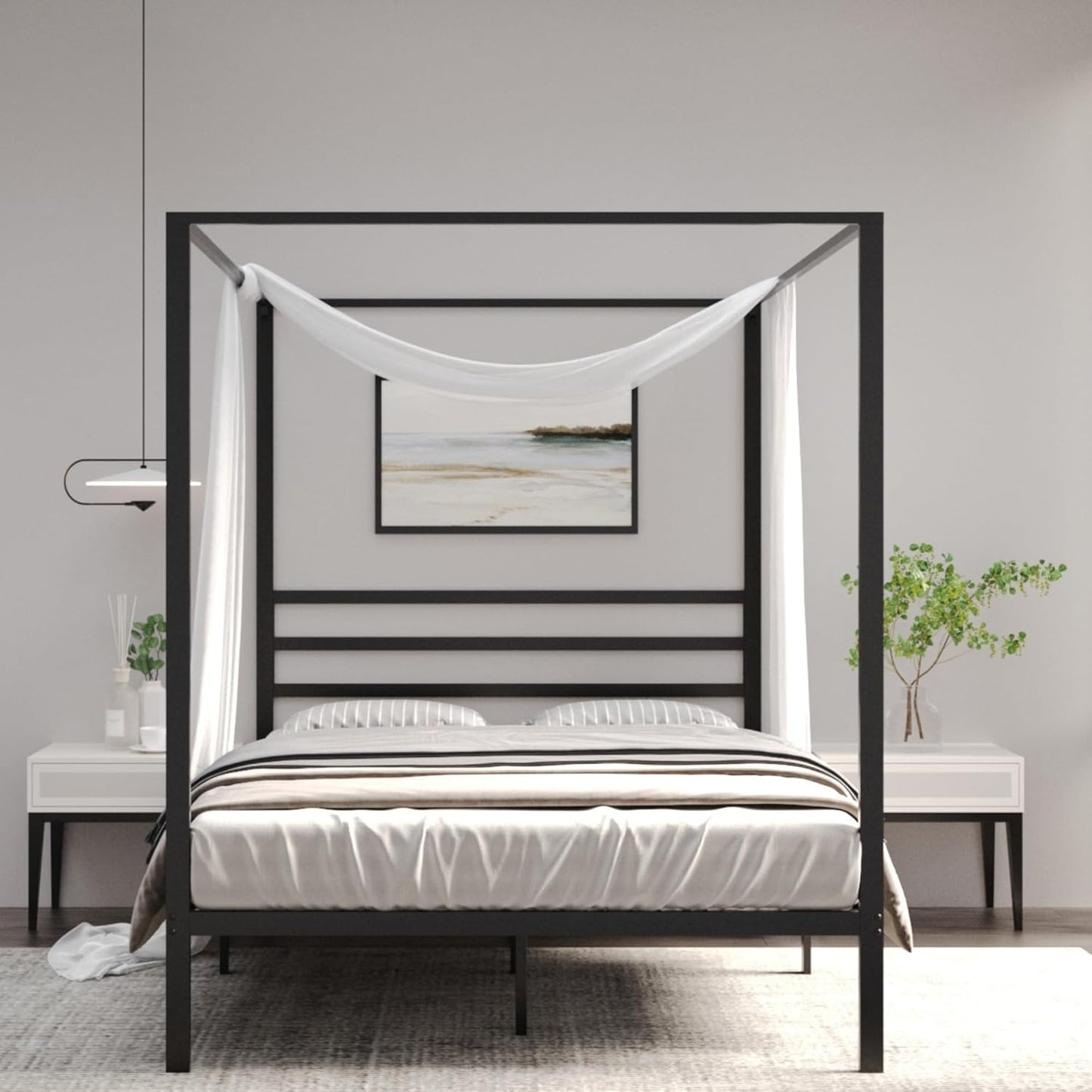 Golden Gate Beds Canopy Bed Frame with Four Poster Design, Strong Metal Slats and Built-in Headboard, Fits Drapes or Curtains, No Box Spring Needed, Girls or Teen Princess Style, Black, Queen Size