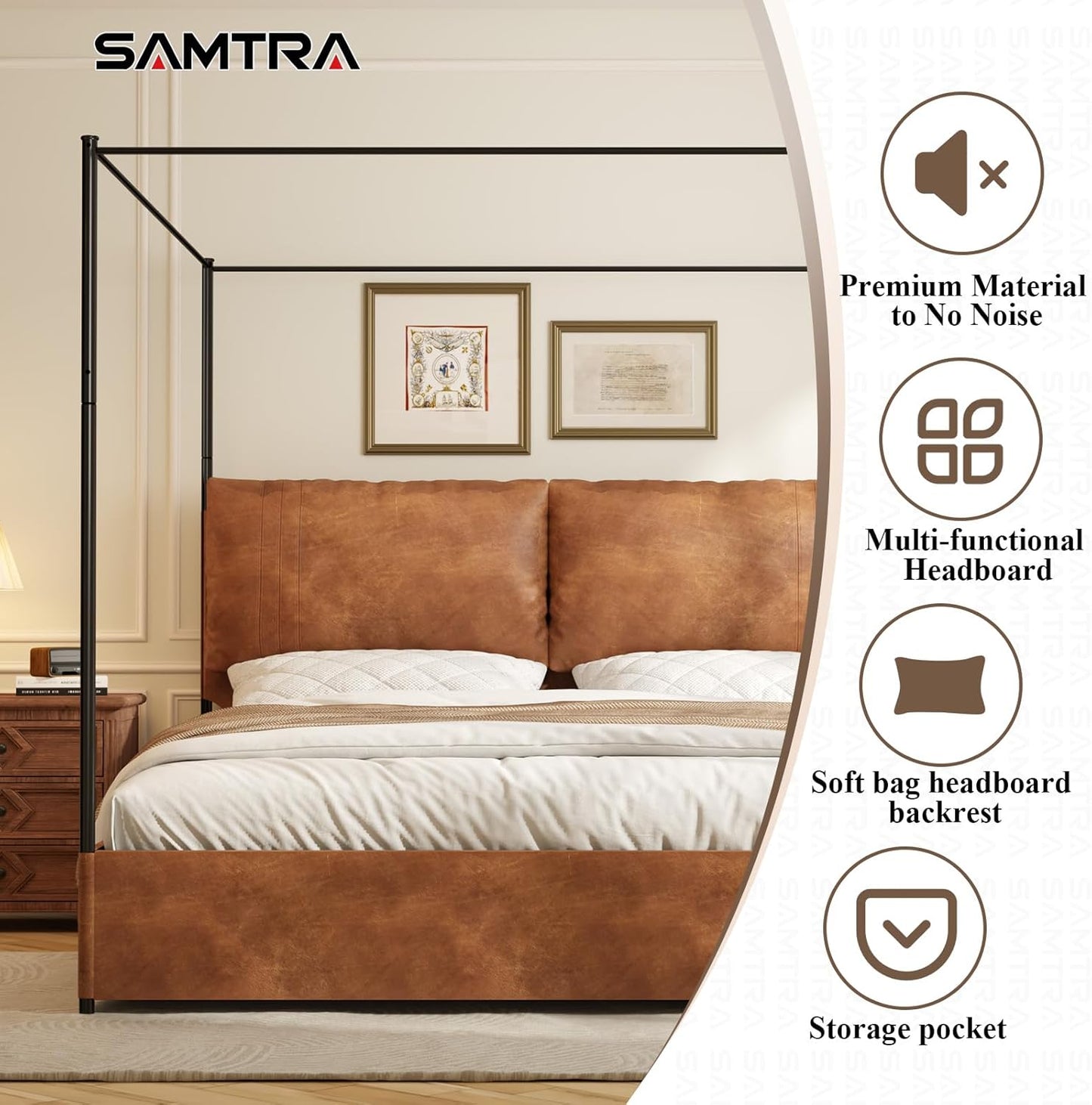 Modern Canopy Bed Frame with Upholstered Faux Leather Headboard – Tall Four Poster Metal Platform Bed, No Box Spring Needed, King Size, Brown and Black