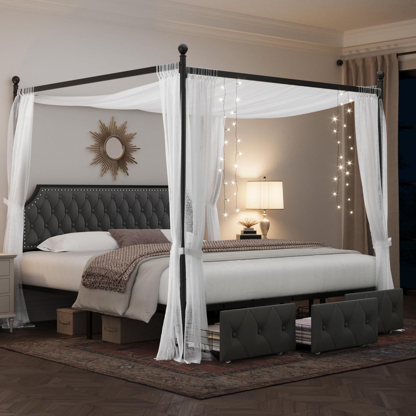 Keyluv Queen Upholstered Canopy Bed Frame with 2 Drawer and Button Tufted Headboard Metal Platform Bed with 4 Removable Posts Two-Purpose Velvet Bed No Box Spring Needed Dark Grey/Curtain Not Included
