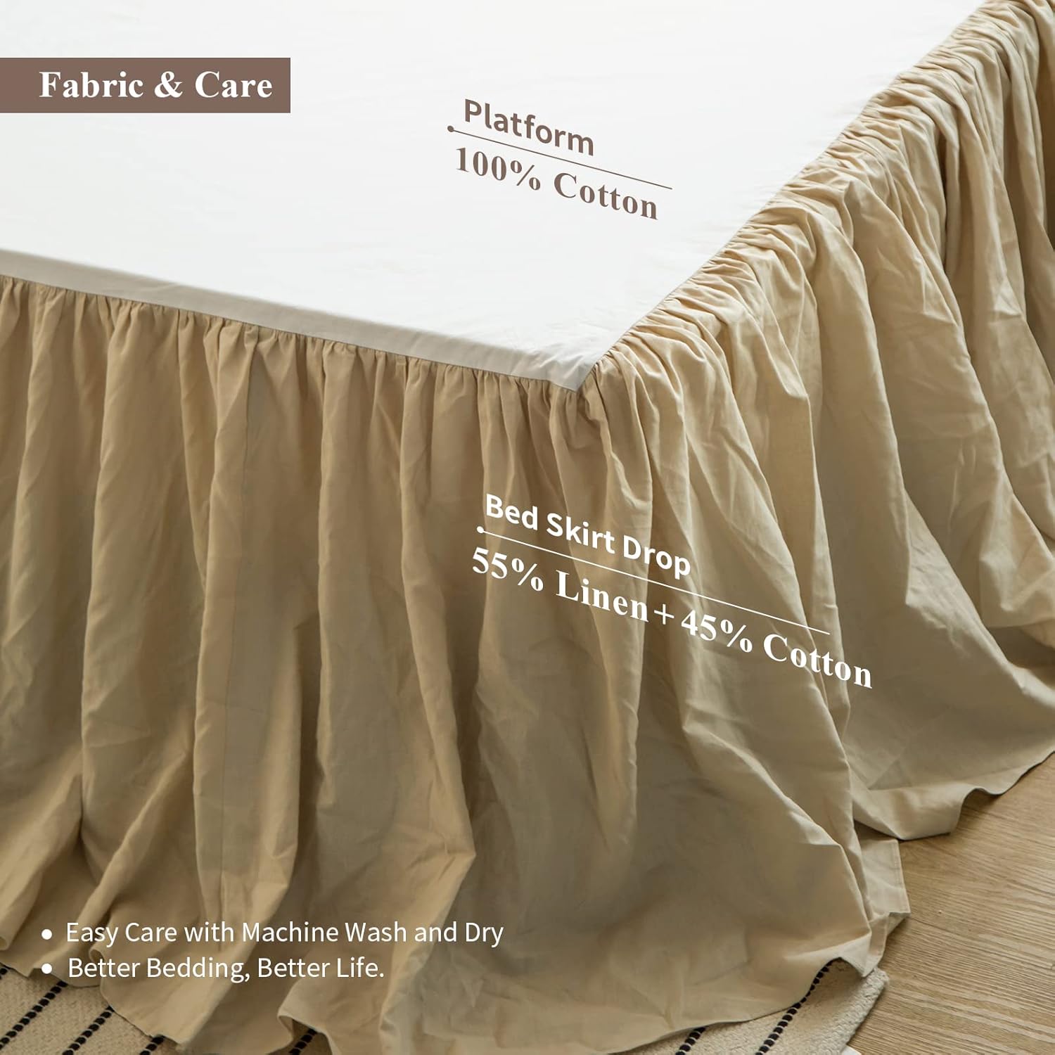 BISELINA French Linen Bed Skirt with Pleated Frills 18-Inch Tailored Drop Natural Flax Cotton Blend Dust Ruffle Soft Cozy Farmhouse Bedding (18" King, Ruffle Linen)