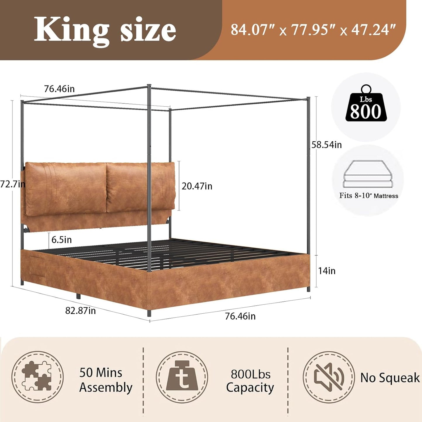 Modern Canopy Bed Frame with Upholstered Faux Leather Headboard – Tall Four Poster Metal Platform Bed, No Box Spring Needed, King Size, Brown and Black