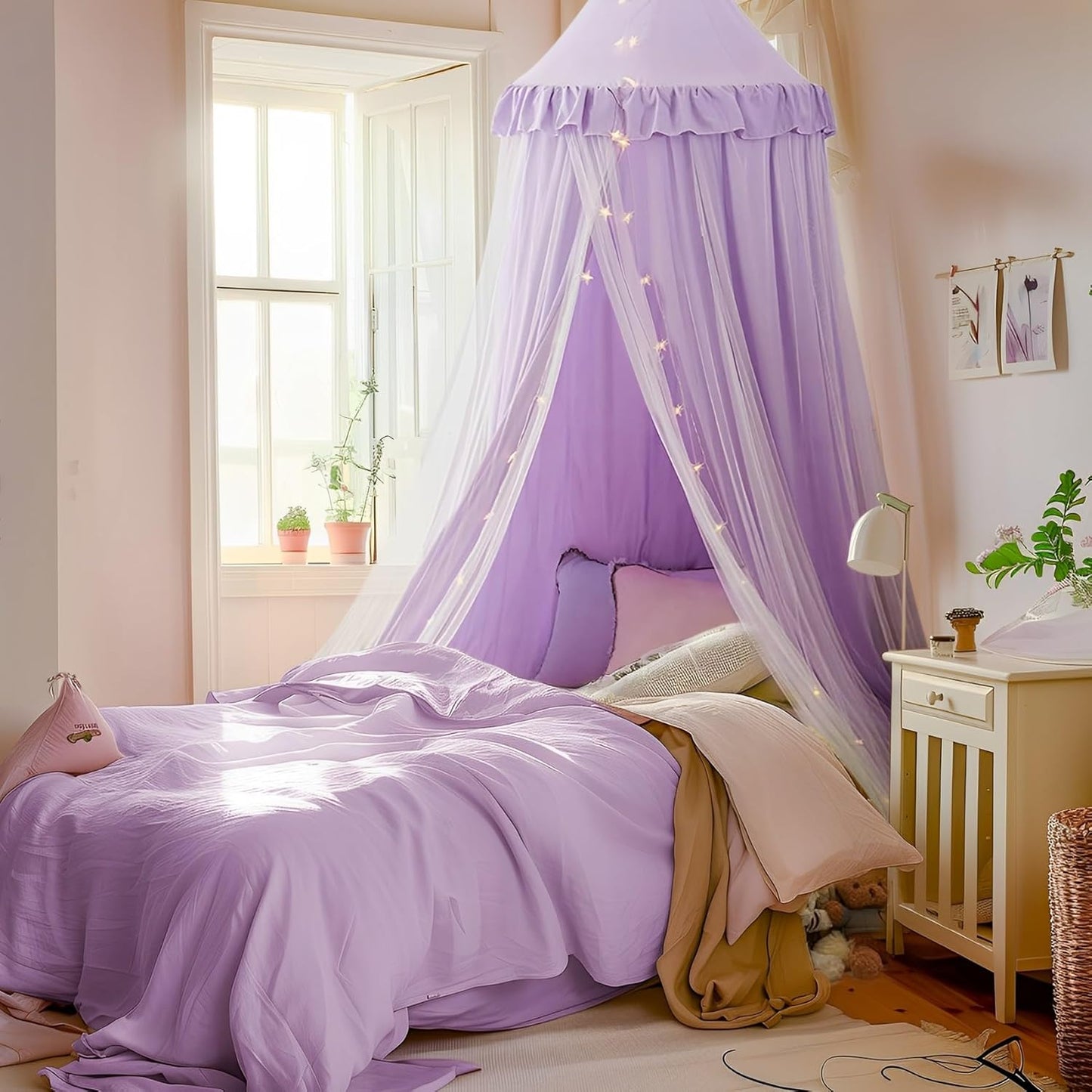 Large Bed Canopy with Star Lights, Double Layer Canopy for Bed, Princess Play Tent for Girls Room, Breathable Canopy Bed Curtain for Children Reading Nook, Machine Washable Canopy, 40''x106'', Pink