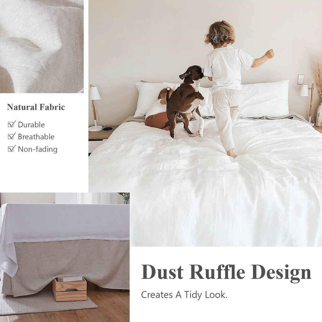 Simple&Opulence Belgian Linen Bed Skirt with Classic 14 inch Tailored Drop Dust Ruffle, Easy Fit Breathable Premium Natural Flax- Basic Linen, Queen