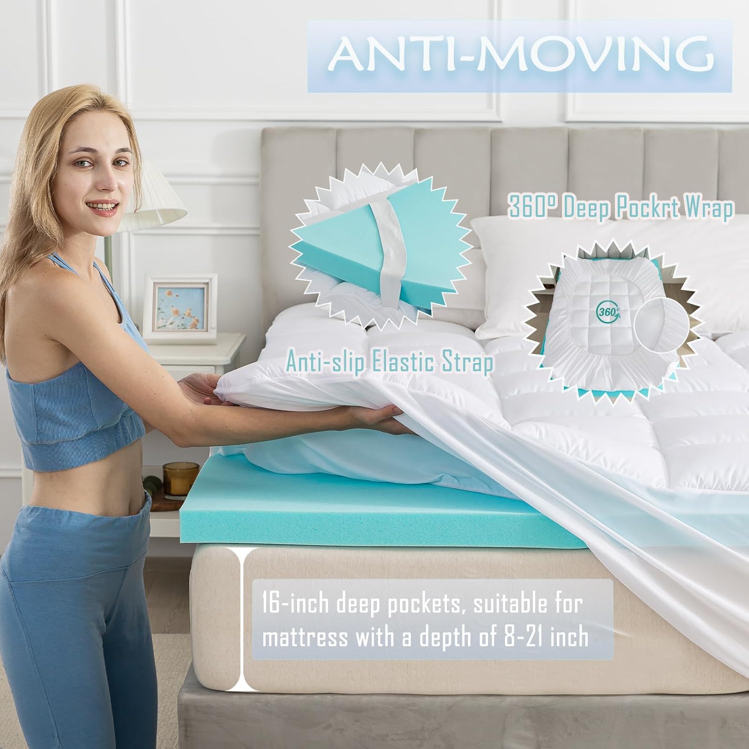 WhatsBedding Queen Size Dual Layer 4 Inch Memory Foam Mattress Topper,2 Inch Gel Memory Foam and 2 Inch Pillow Top Mattress Pad Cover