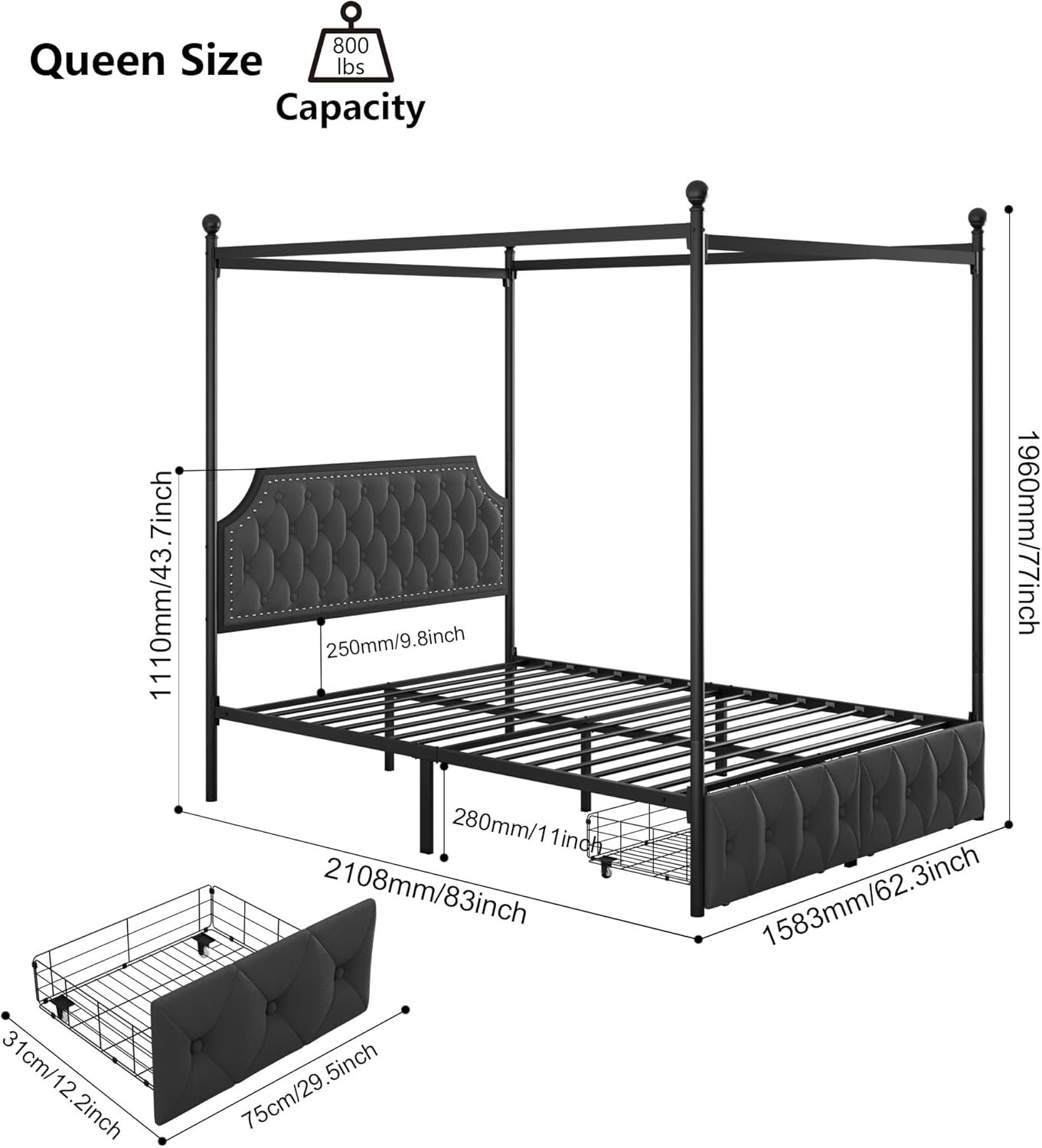 Keyluv Queen Upholstered Canopy Bed Frame with 2 Drawer and Button Tufted Headboard Metal Platform Bed with 4 Removable Posts Two-Purpose Velvet Bed No Box Spring Needed Dark Grey/Curtain Not Included