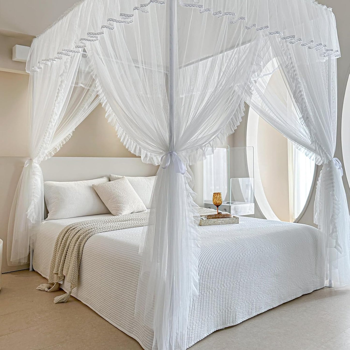 AIKASY 4 Corners Post Ruffle Princess Bed Canopy Curtain - Double Layer Cozy Drape Netting with 4 Openings - Elegant Mosquito Net for Girls and Adults Bedroom Decoration (White, Queen)