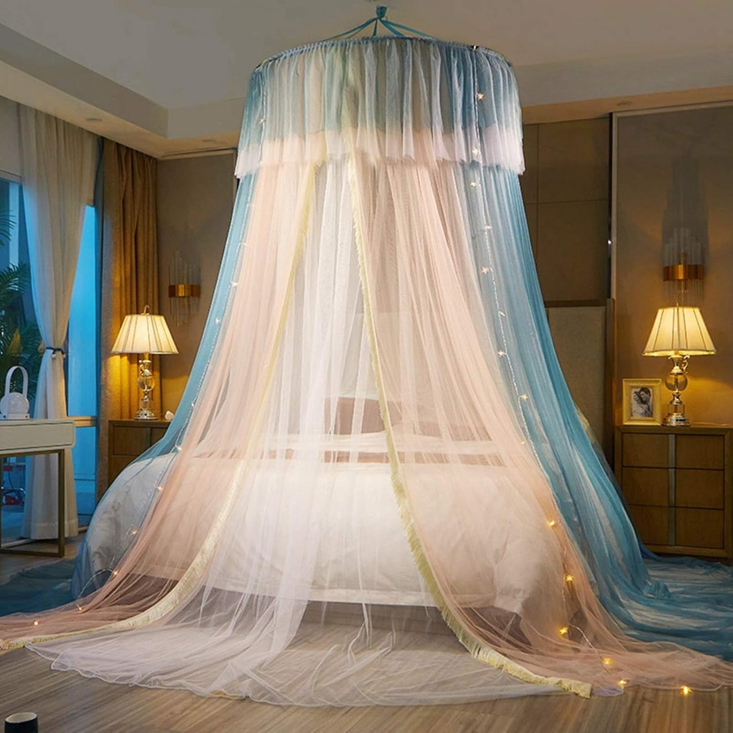 VETHIN Bed Canopy Princess for Girls,Bed Canopy Curtain Double Layer Sheer Mesh Dome Bed Curtain- Round Lace Princess Mosquito Net Tent for Twin Full Queen King Bed(Pink/White)