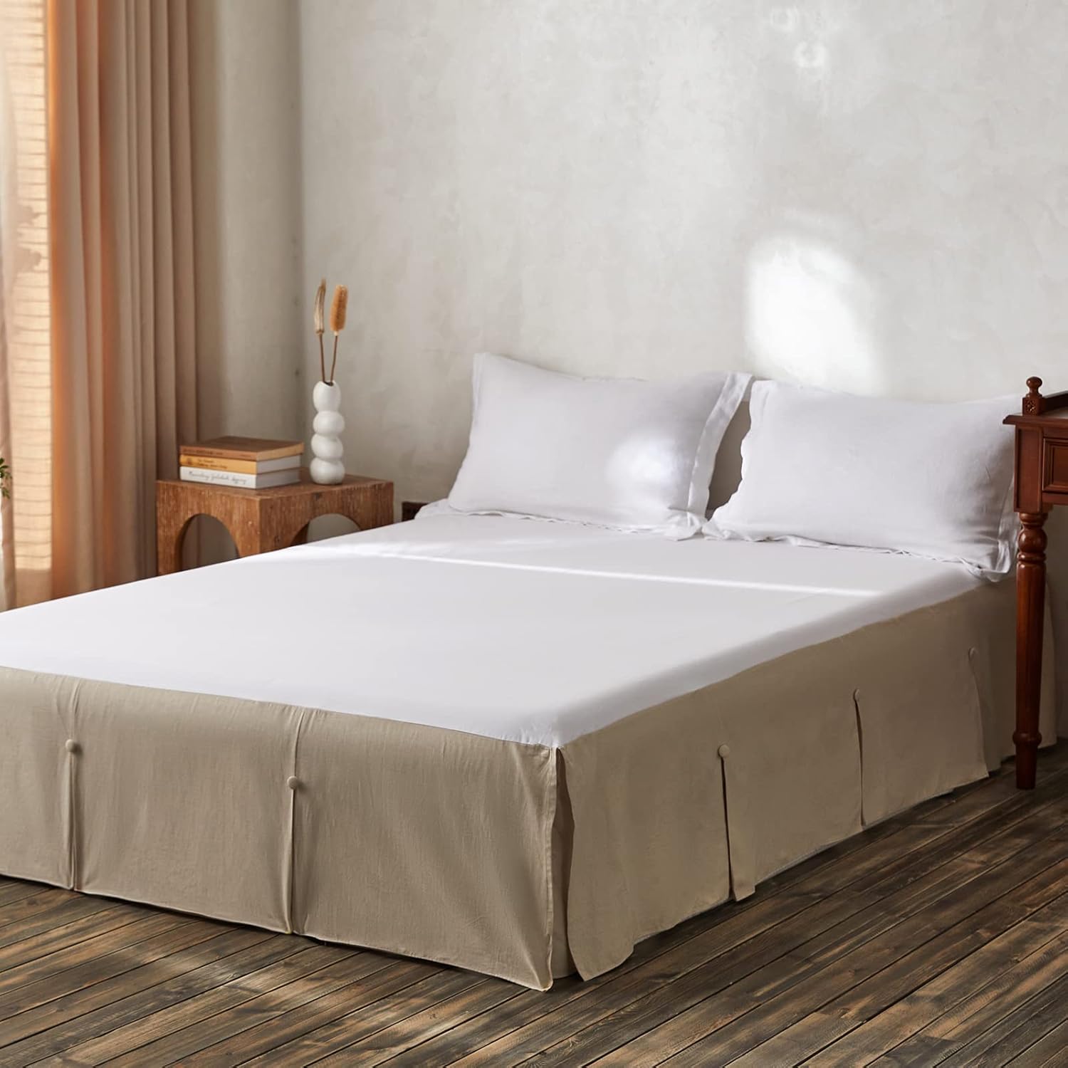 BISELINA French Linen Bed Skirt with Pleated Frills 18-Inch Tailored Drop Natural Flax Cotton Blend Dust Ruffle Soft Cozy Farmhouse Bedding (18" King, Ruffle Linen)