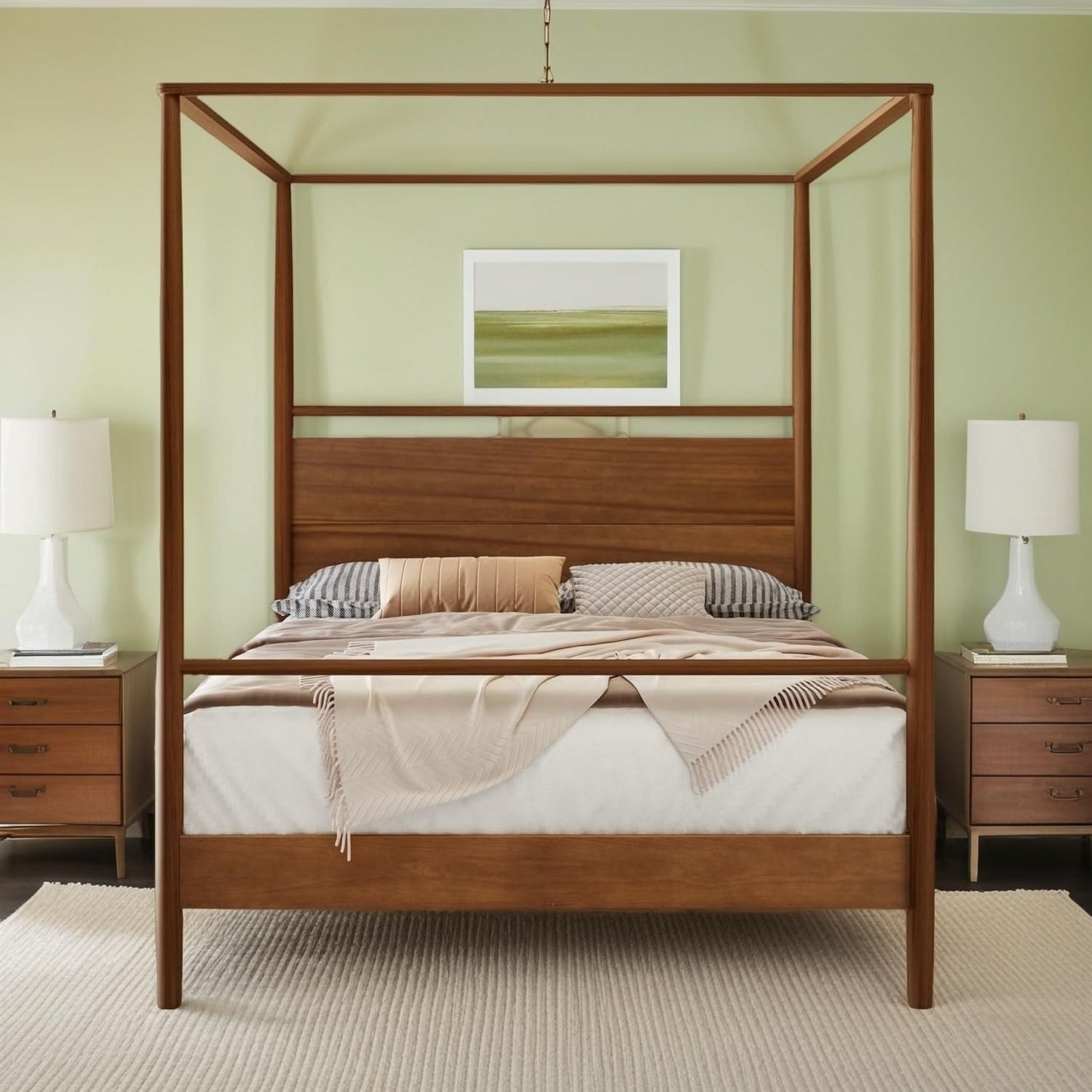 SOFTSEA Canopy Bed Frame Full Size, Solid Wood 4 Posters Canopy Bed Frame, Mid-Century Canopy Platform Bed with Headboard for Bedroom, No Box Spring Needed, Walnut