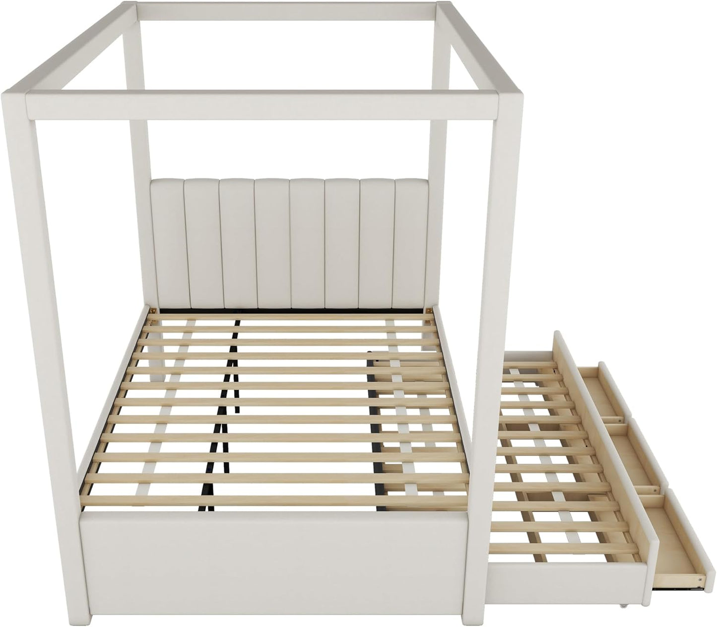 Merax Full Size Upholstery Canopy Platform Bed with Trundle and Three Storage Drawers