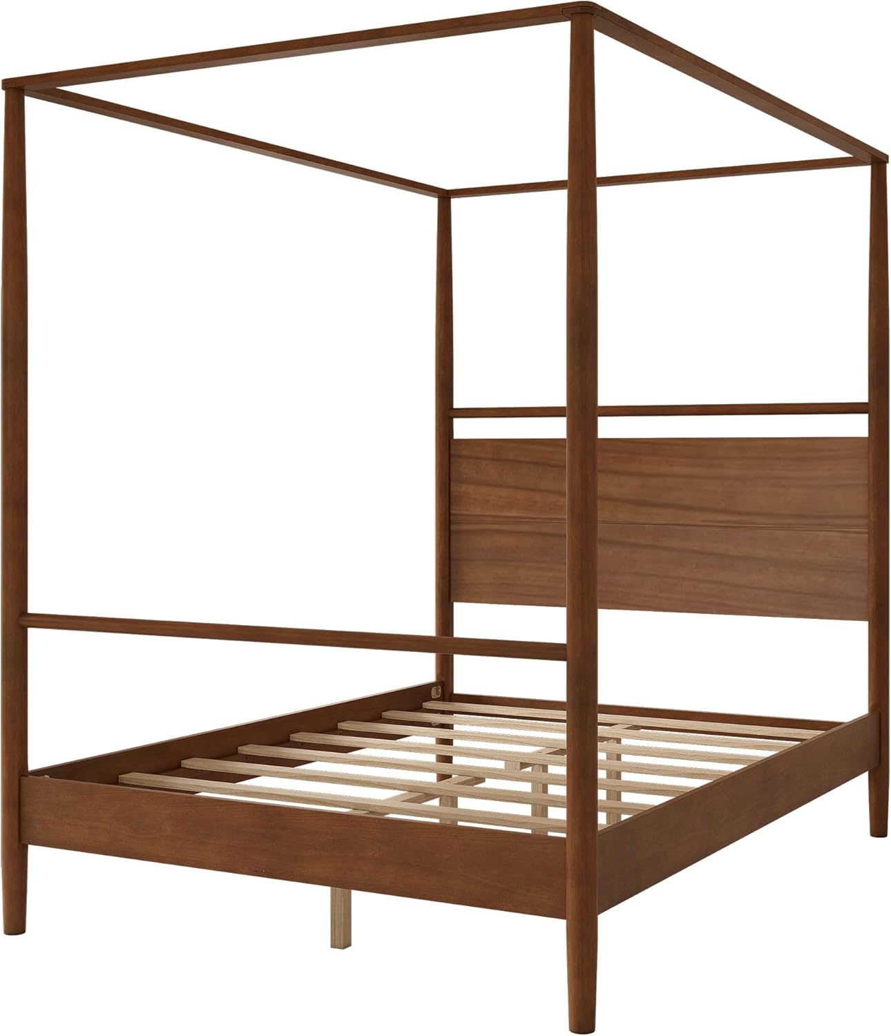 SOFTSEA Canopy Bed Frame Full Size, Solid Wood 4 Posters Canopy Bed Frame, Mid-Century Canopy Platform Bed with Headboard for Bedroom, No Box Spring Needed, Walnut