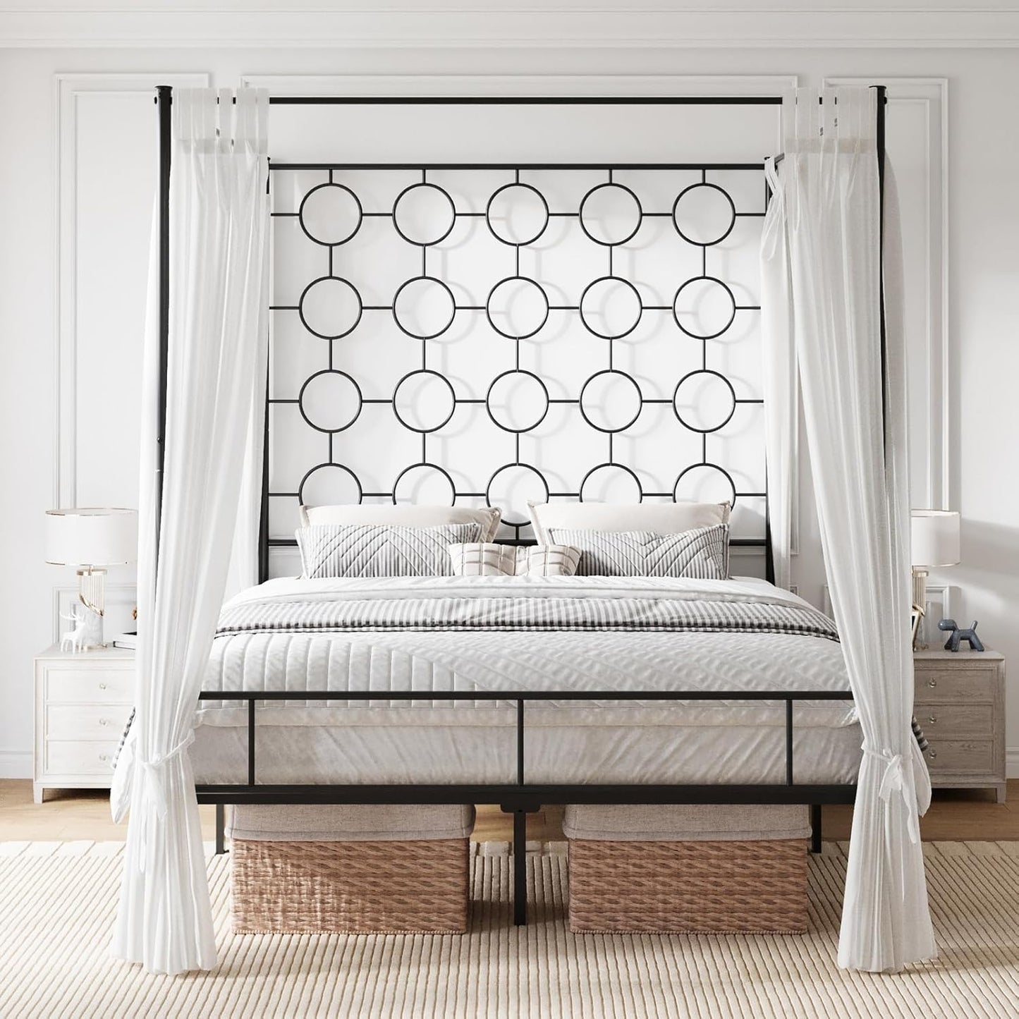 Queen Size Metal Canopy Bed Frame, Mattress Foundation with Metal Slat Support, No Box Spring Needed, Easy Assembly, Black