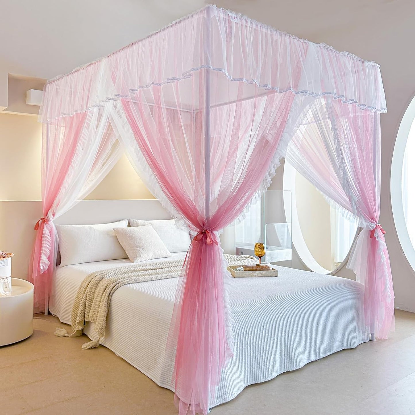 AIKASY 4 Corners Post Ruffle Princess Bed Canopy Curtain - Double Layer Cozy Drape Netting with 4 Openings - Elegant Mosquito Net for Girls and Adults Bedroom Decoration (White, Queen)