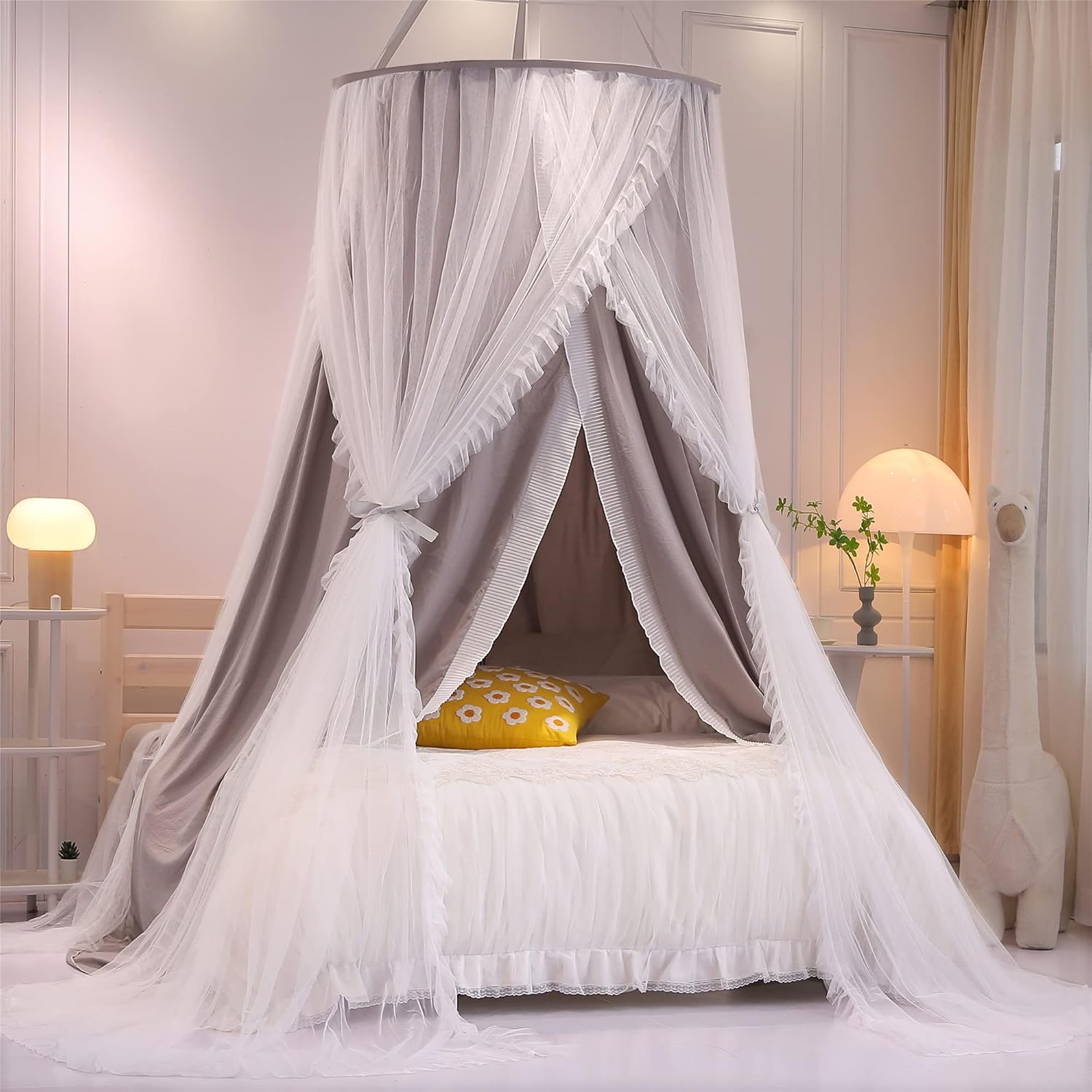 VETHIN Double Layer Princess Round Dome Canopy Bed Curtain for Girls Adults,Children Dreamy Mosquito Net,Cute Bedroom Decoration Castle Play Tent Reading Nook Canopies(Dome-Double Black)