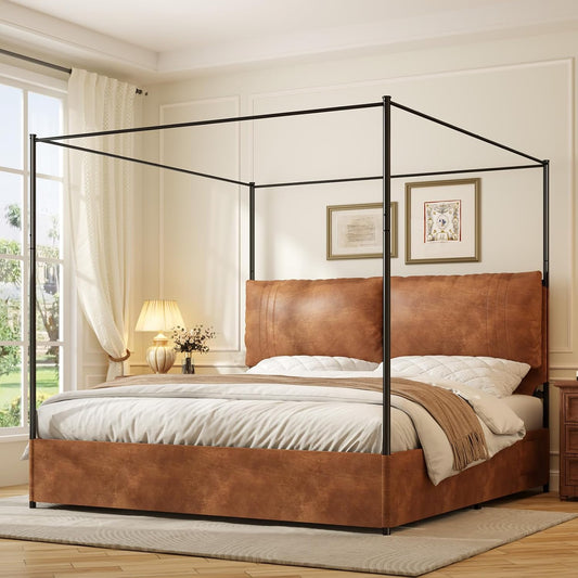 Modern Canopy Bed Frame with Upholstered Faux Leather Headboard – Tall Four Poster Metal Platform Bed, No Box Spring Needed, King Size, Brown and Black