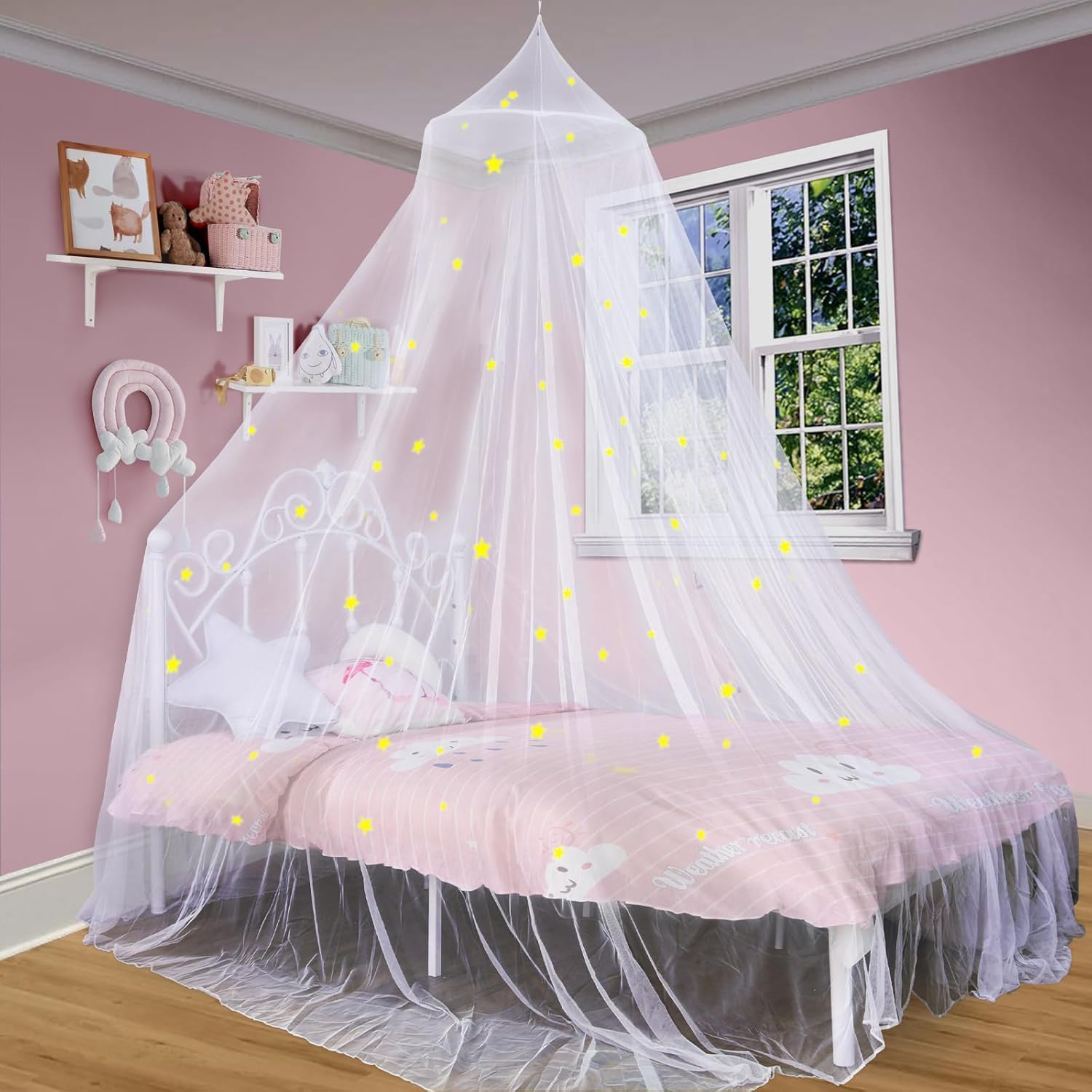 South to East White Canopy Bed Curtains, 4 Corner Post Bed Canopy for Girls & Adults, Top Luxurious Bed Drapes for Bedroom Decoration, 4 Openings, 100% Ripstop Polyester, Easy Install, King/Queen Size