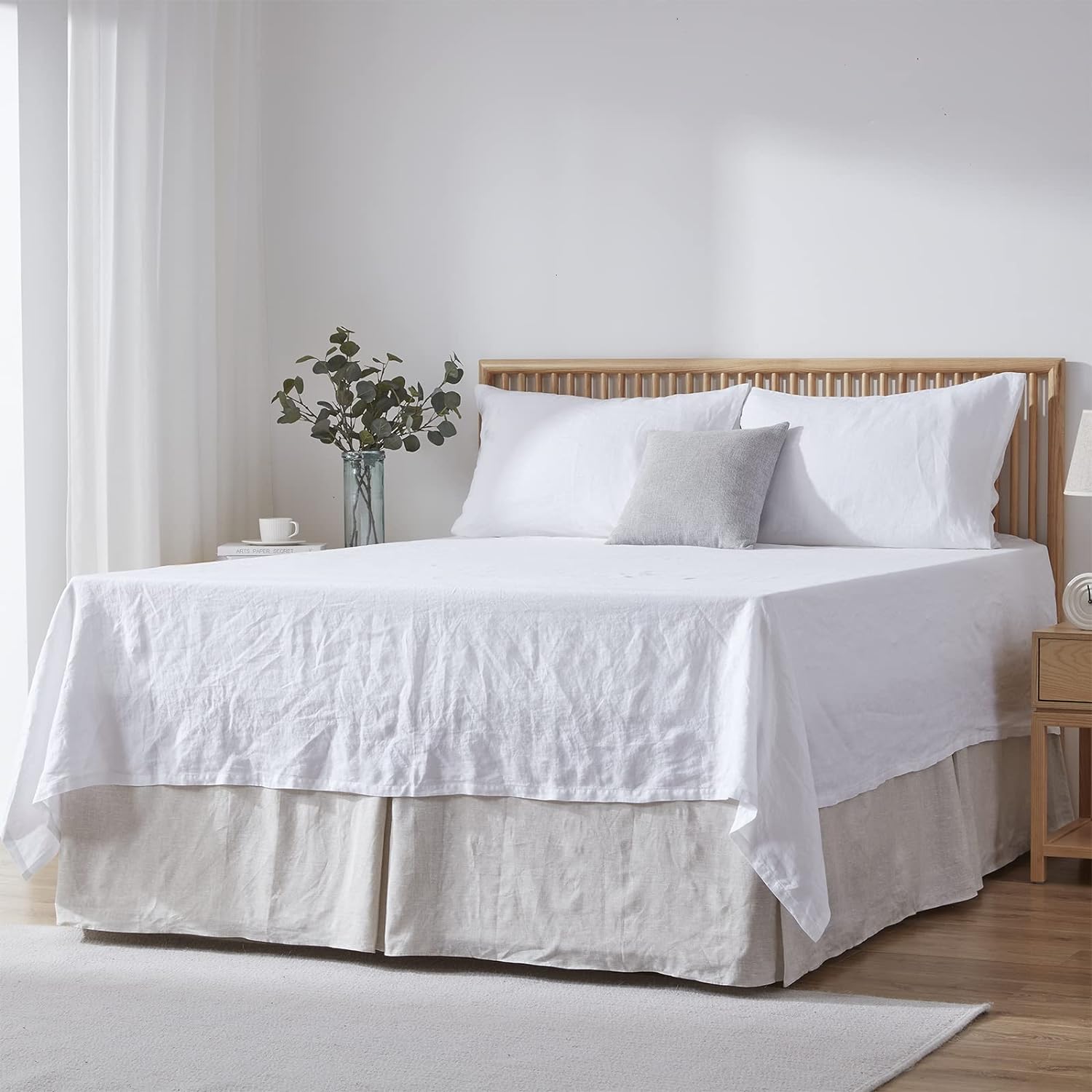 Simple&Opulence Belgian Linen Bed Skirt with Classic 14 inch Tailored Drop Dust Ruffle, Easy Fit Breathable Premium Natural Flax- Basic Linen, Queen