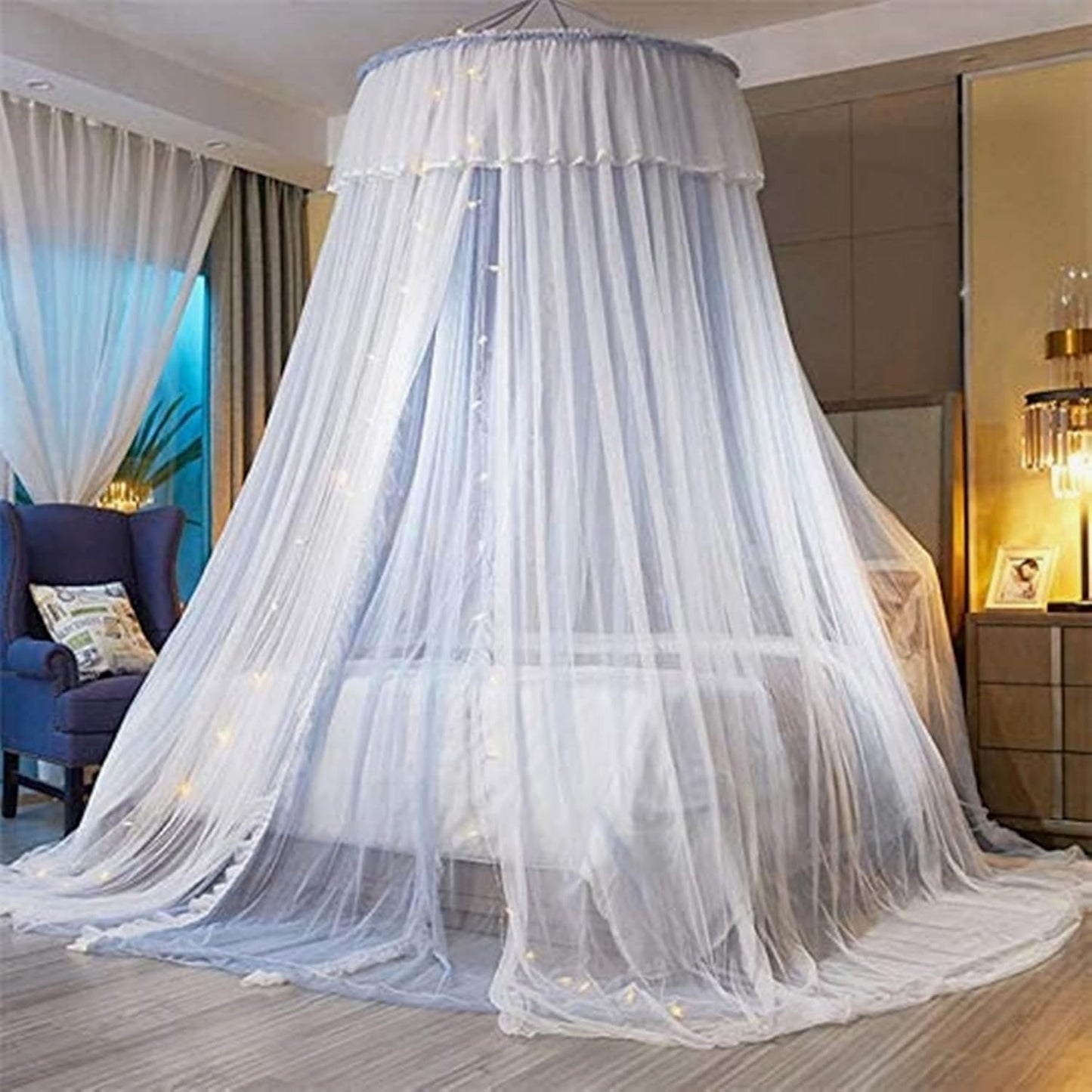 VETHIN Bed Canopy Princess for Girls,Bed Canopy Curtain Double Layer Sheer Mesh Dome Bed Curtain- Round Lace Princess Mosquito Net Tent for Twin Full Queen King Bed(Pink/White)