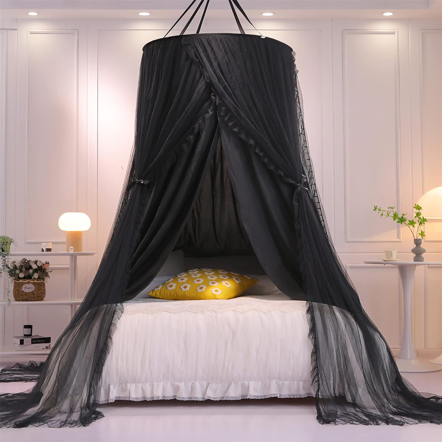 VETHIN Double Layer Princess Round Dome Canopy Bed Curtain for Girls Adults,Children Dreamy Mosquito Net,Cute Bedroom Decoration Castle Play Tent Reading Nook Canopies(Dome-Double Black)