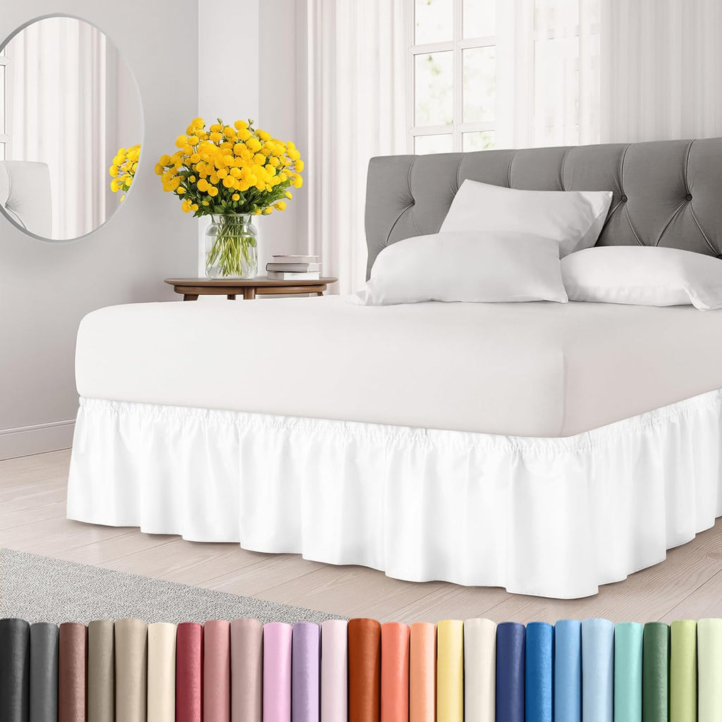 Wrap Around Dust Ruffle Bed Skirt - White - for King Size Beds with 15 Inch Drop - Easy Fit Elastic Strap - Adjustable Pleated Bedskirt w/Brushed Fabric - Wrinkle Free - for Women, Men, Kids & Teens