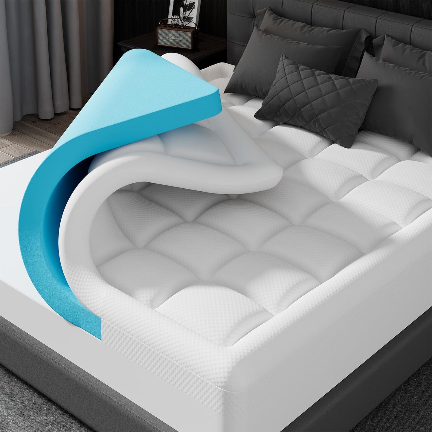 ELEMUSE Full Size Dual Layer 3 Inch Memory Foam Mattress Topper, 2 Inch Cooling Gel Memory Foam and 1 Inch Thick Soft Pillow Top Mattress Pad Cover for Back Pain Relief, Bed Topper for Side Sleep