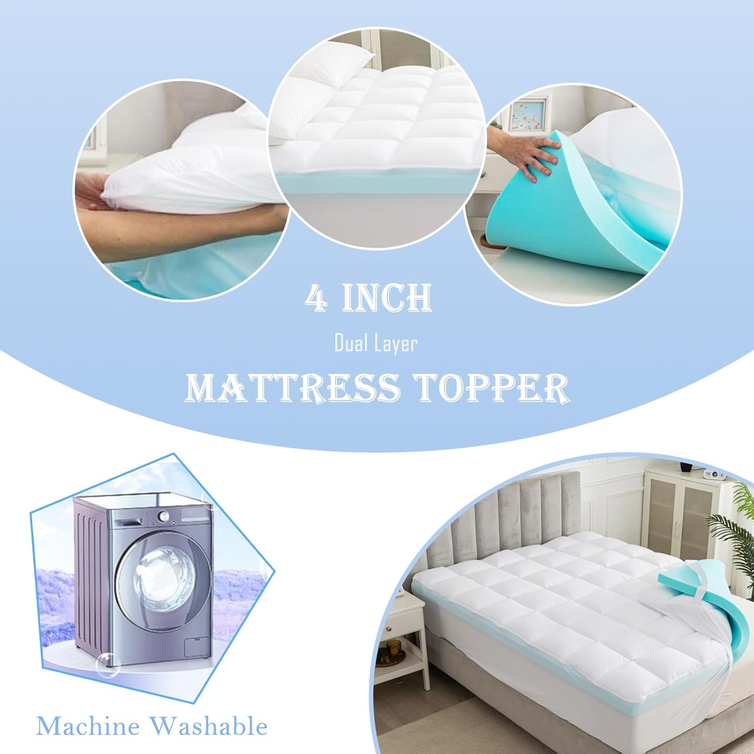 WhatsBedding Queen Size Dual Layer 4 Inch Memory Foam Mattress Topper,2 Inch Gel Memory Foam and 2 Inch Pillow Top Mattress Pad Cover