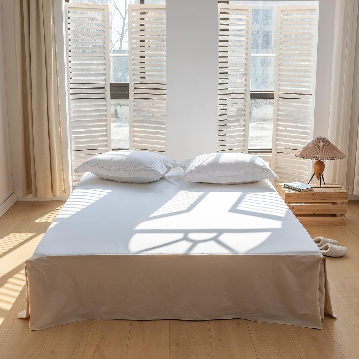 BISELINA French Linen Bed Skirt with Pleated Frills 18-Inch Tailored Drop Natural Flax Cotton Blend Dust Ruffle Soft Cozy Farmhouse Bedding (18" King, Ruffle Linen)