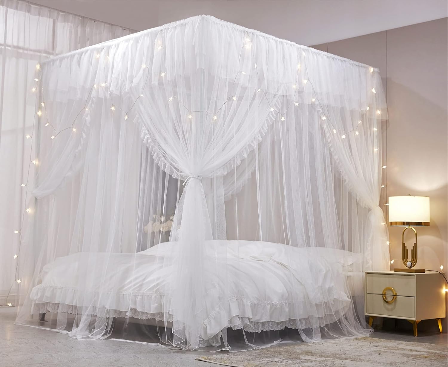 VETHIN 4 Corners Post Ruffle Princess Bed Canopy Curtain-Double Layer Cozy Drape Netting 4 Opening Mosquito Net for Girls Adults Bedroom Decoration (White/White, 53" W*78" L*82"*H/(Full))