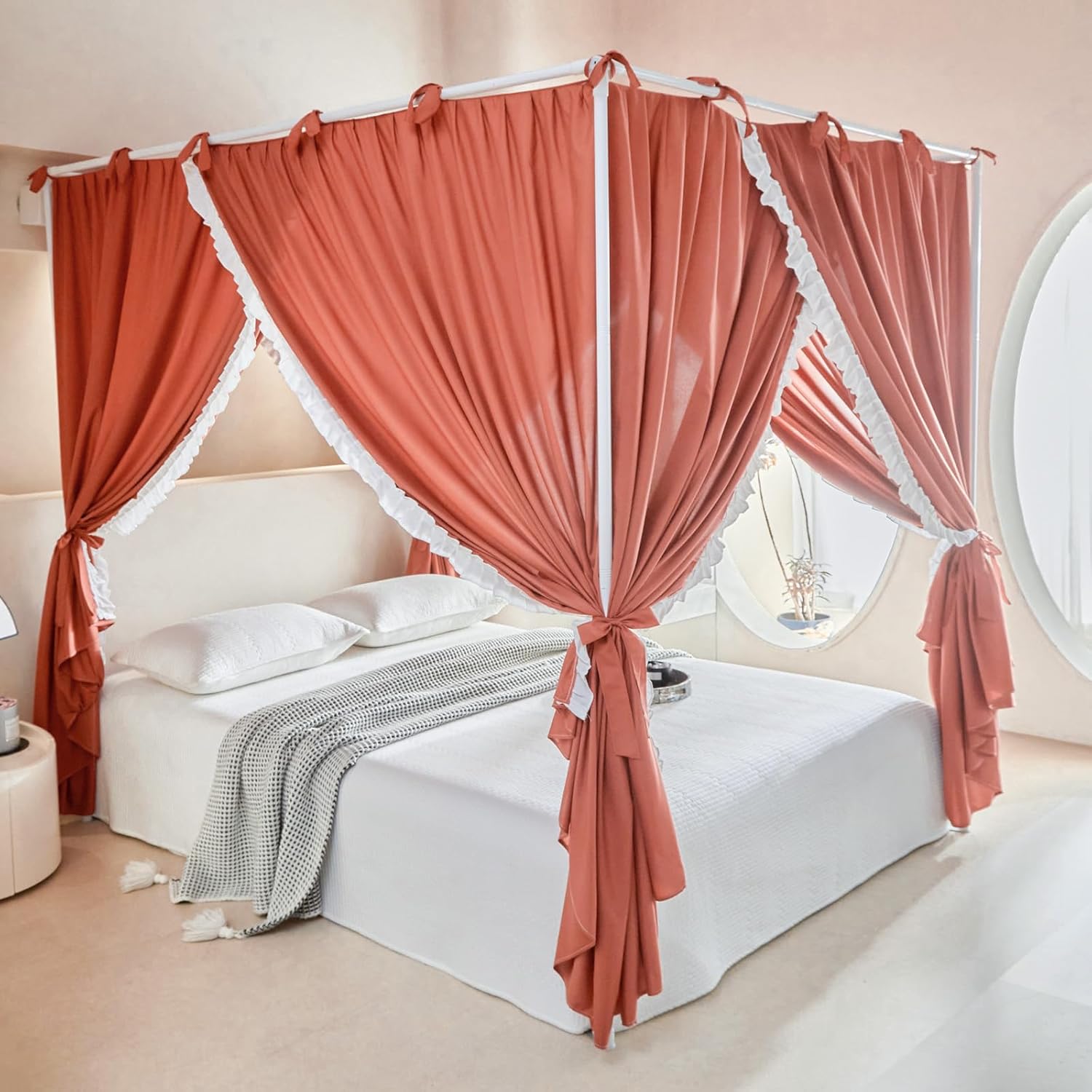 AIKASY Princess Canopy Bed Curtains with Top Ties - Windproof & Lightproof for Girls' Adult Bedroom Decor | Bed Canopy Drapes (Queen,Khaki)