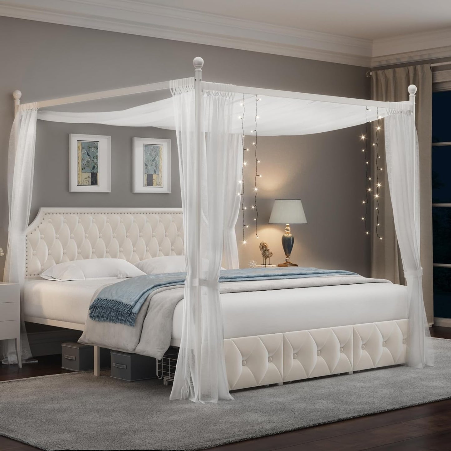 Keyluv Queen Upholstered Canopy Bed Frame with 2 Drawer and Button Tufted Headboard Metal Platform Bed with 4 Removable Posts Two-Purpose Velvet Bed No Box Spring Needed Dark Grey/Curtain Not Included