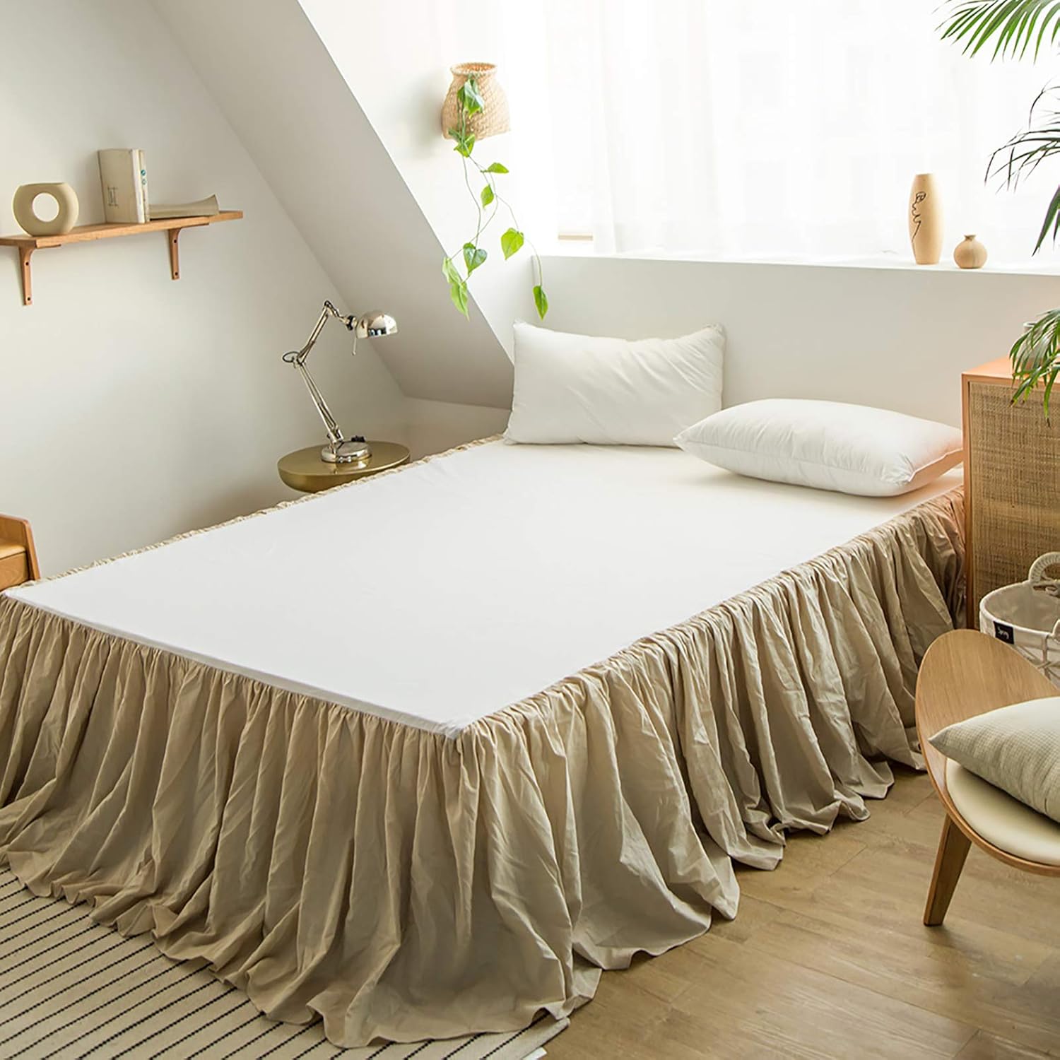 Simple&Opulence Belgian Linen Bed Skirt with Classic 14 inch Tailored Drop Dust Ruffle, Easy Fit Breathable Premium Natural Flax- Basic Linen, Queen