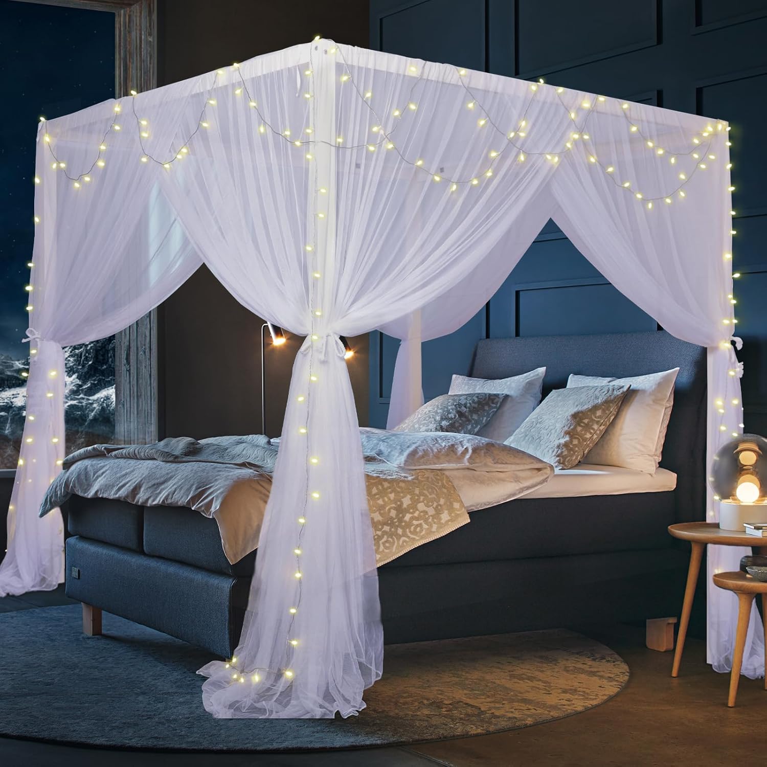 South to East White Canopy Bed Curtains, 4 Corner Post Bed Canopy for Girls & Adults, Top Luxurious Bed Drapes for Bedroom Decoration, 4 Openings, 100% Ripstop Polyester, Easy Install, King/Queen Size