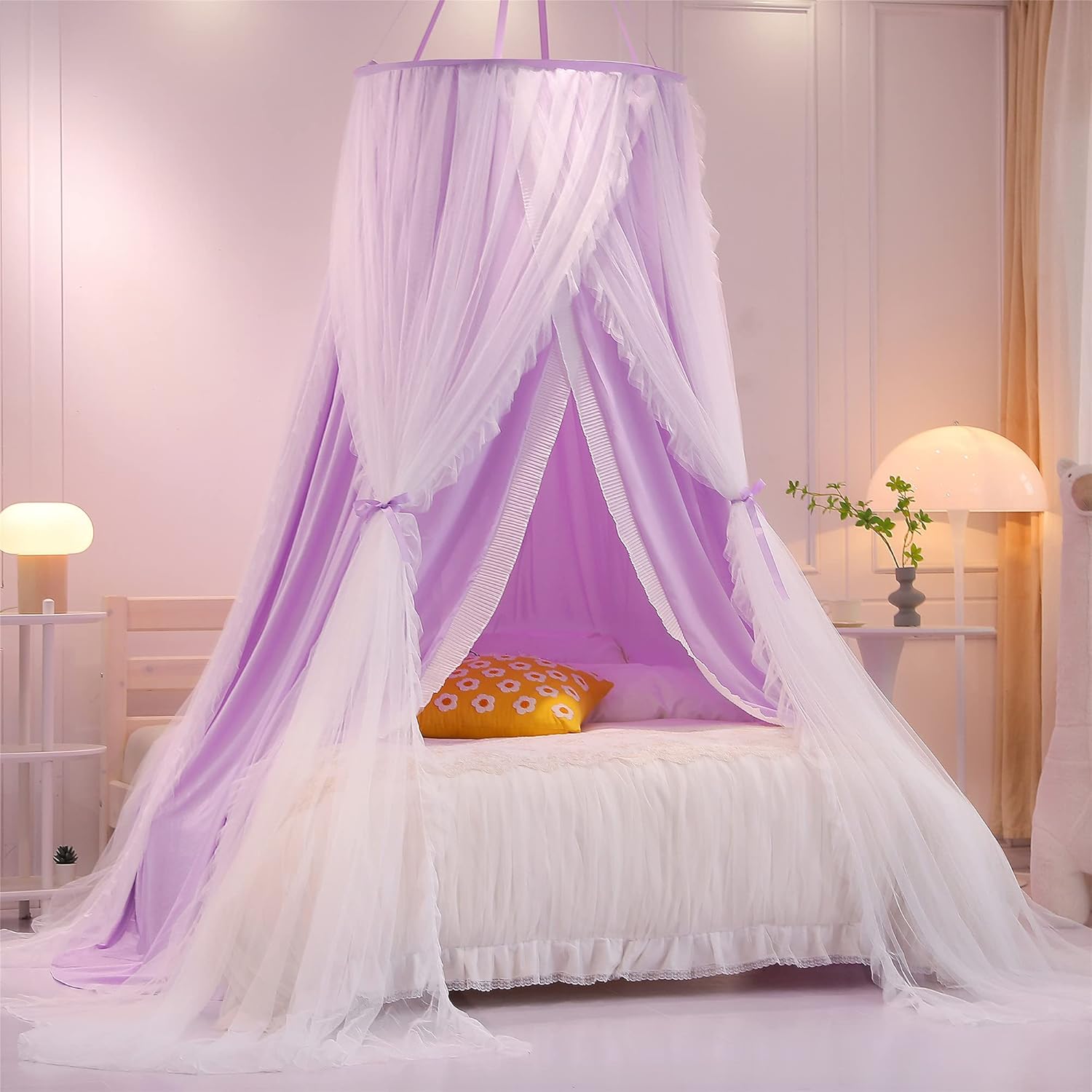 VETHIN Double Layer Princess Round Dome Canopy Bed Curtain for Girls Adults,Children Dreamy Mosquito Net,Cute Bedroom Decoration Castle Play Tent Reading Nook Canopies(Dome-Double Black)