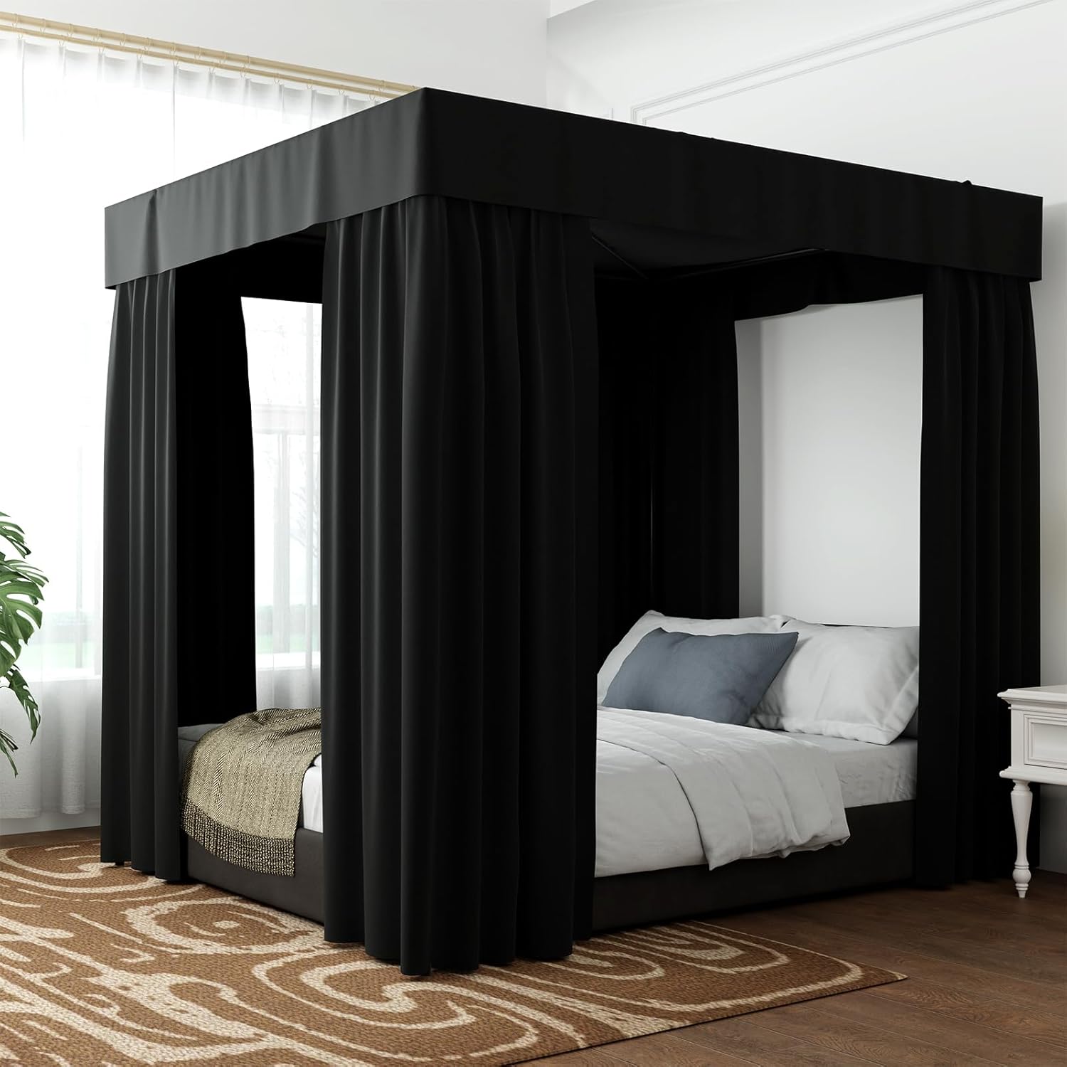 Hvqic Black Canopy Bed Drapes - 4 Corner Post Canopy King Bedroom Decoration (King, Black)