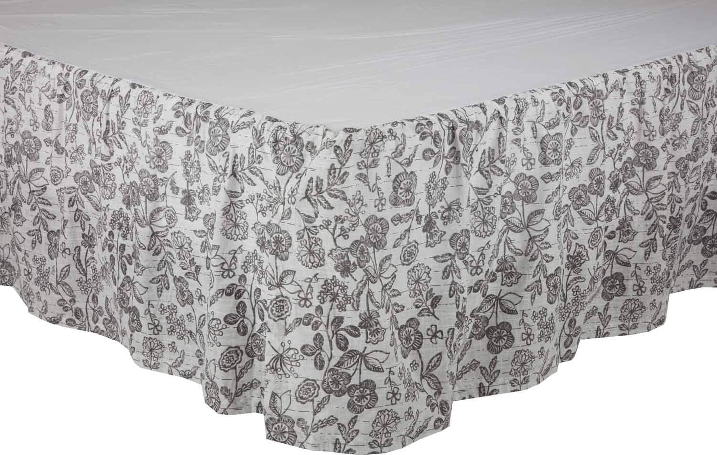 Gray Gables Queen Floral Bed Skirt w/ 16" Drop, Gray and Soft White Printed Dust Ruffle, Gathered, Country Cottage, Vintage Farmhouse Bedding