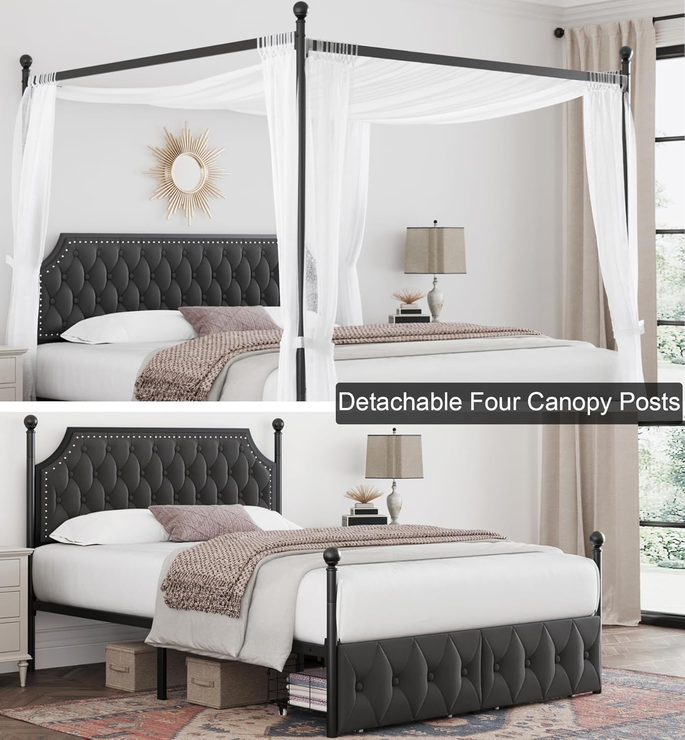 Keyluv Queen Upholstered Canopy Bed Frame with 2 Drawer and Button Tufted Headboard Metal Platform Bed with 4 Removable Posts Two-Purpose Velvet Bed No Box Spring Needed Dark Grey/Curtain Not Included
