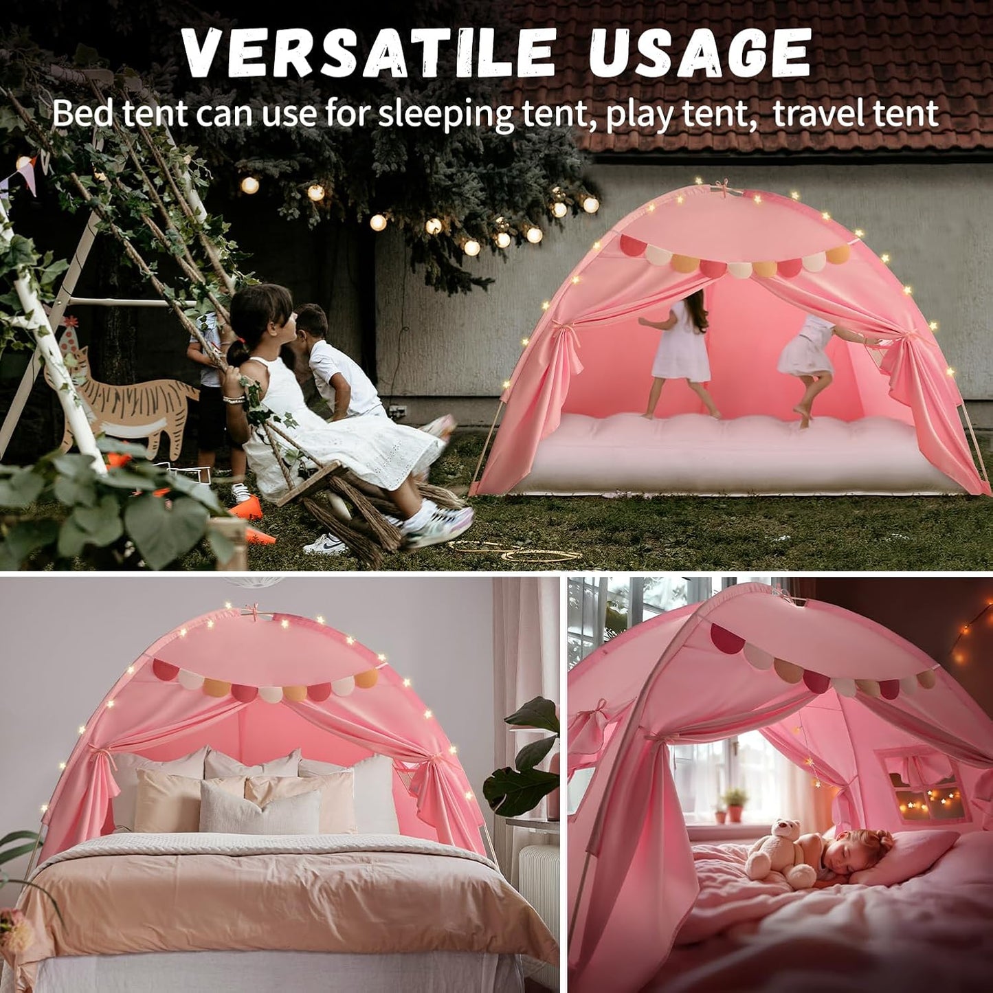 Twin Bed Tent for Kids, Twin Size Bed Tents Indoor Canopy Privacy on Bunk Sleep Inside Drafty Room for Girls, Pink