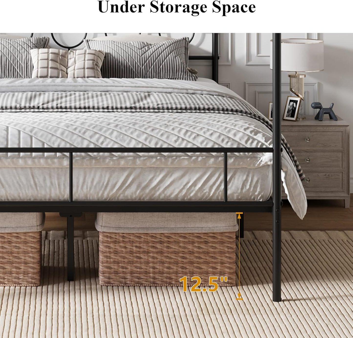 Queen Size Metal Canopy Bed Frame, Mattress Foundation with Metal Slat Support, No Box Spring Needed, Easy Assembly, Black