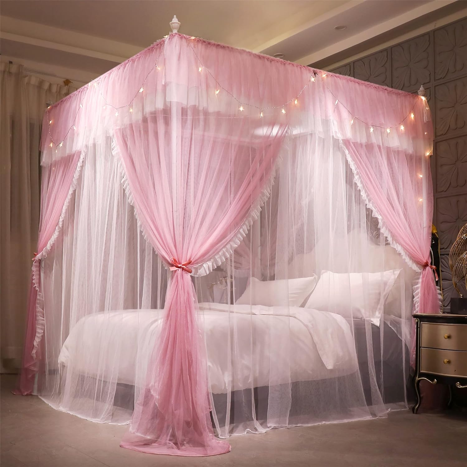 VETHIN 4 Corners Post Ruffle Princess Bed Canopy Curtain-Double Layer Cozy Drape Netting 4 Opening Mosquito Net for Girls Adults Bedroom Decoration (Pink/Whtie, 53" W*78" L*82"*H/(Full))