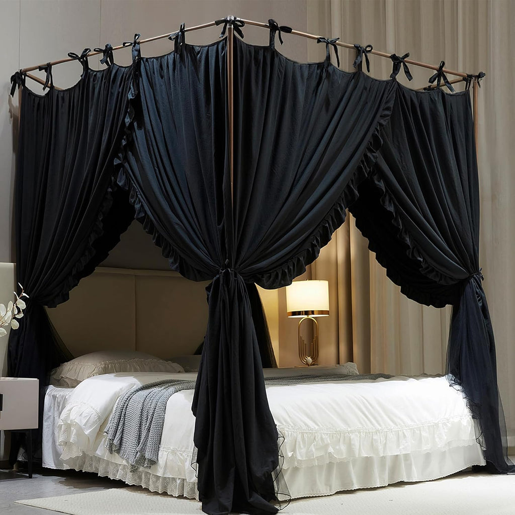 4 Corners Post Princess Curtain Bed Canopy Double Layer Cozy Mosquito Net Mesh and Cloth for Girls Adults Bedroom Decoration (Double-Black/Black, 64" W*82" L*82"*H/(Queen))