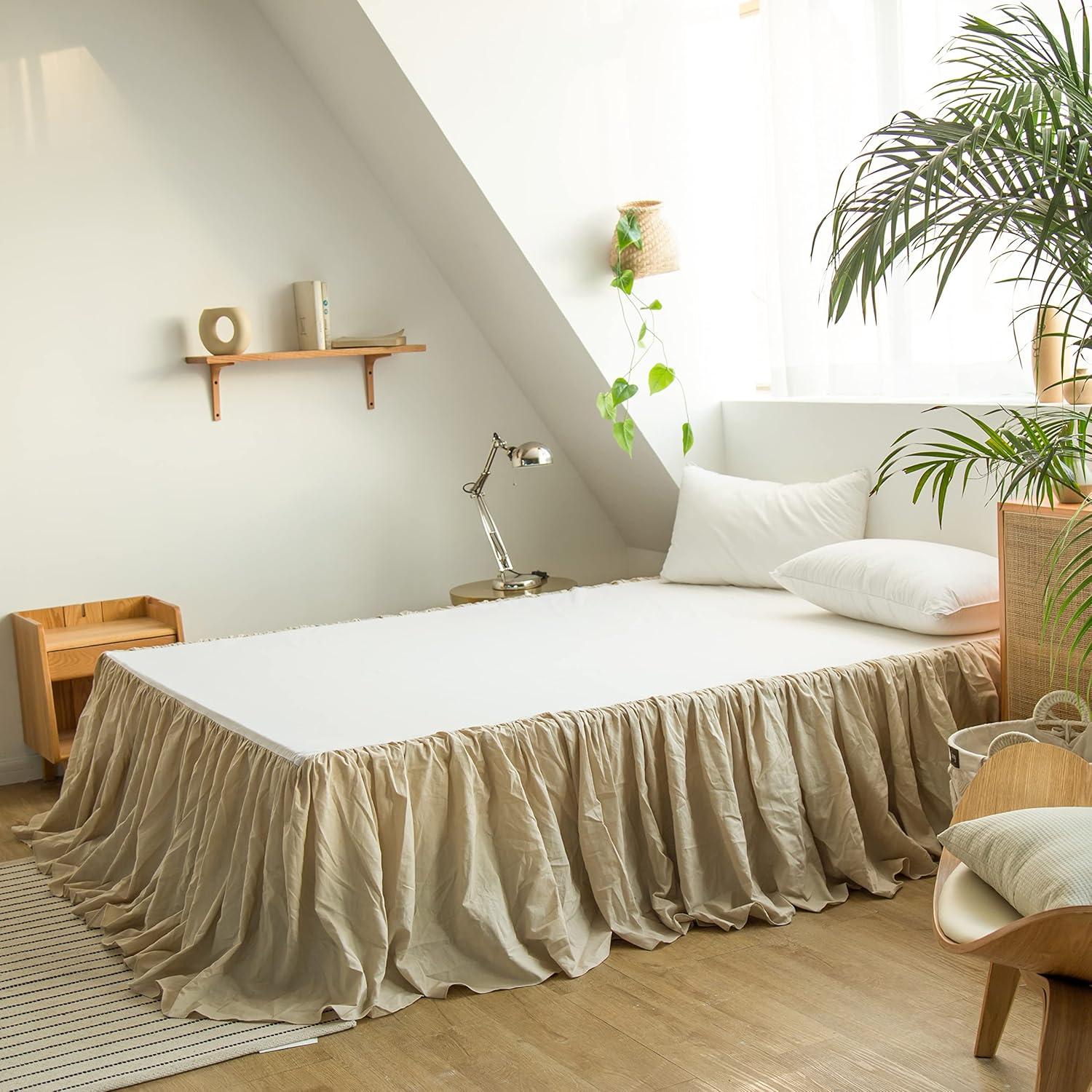 BISELINA French Linen Bed Skirt with Pleated Frills 18-Inch Tailored Drop Natural Flax Cotton Blend Dust Ruffle Soft Cozy Farmhouse Bedding (18" King, Ruffle Linen)