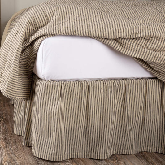 VHC Brands Sawyer Mill Ticking Striped Cotton Farmhouse Split Corners Gathered Queen Bed Skirt, 60x80x16, Charcoal Dark Creme White