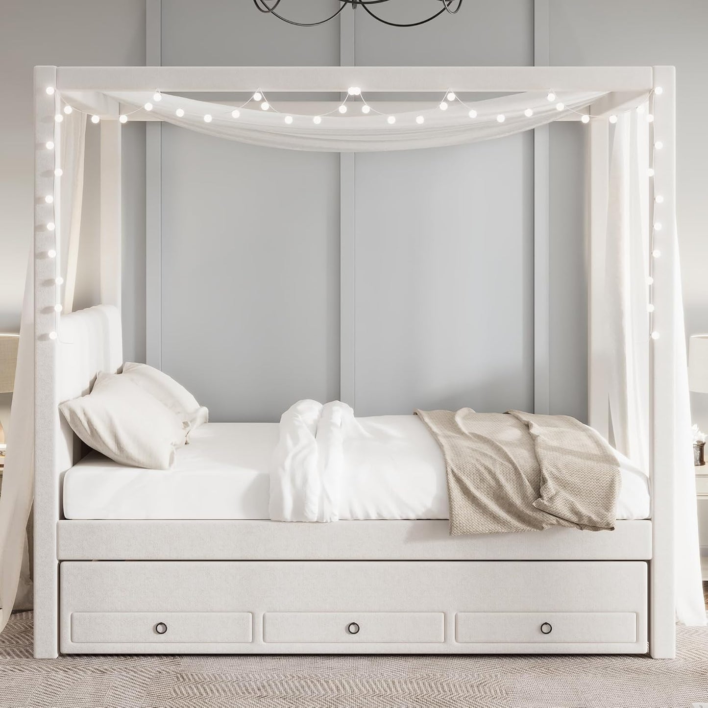 Merax Full Size Upholstery Canopy Platform Bed with Trundle and Three Storage Drawers