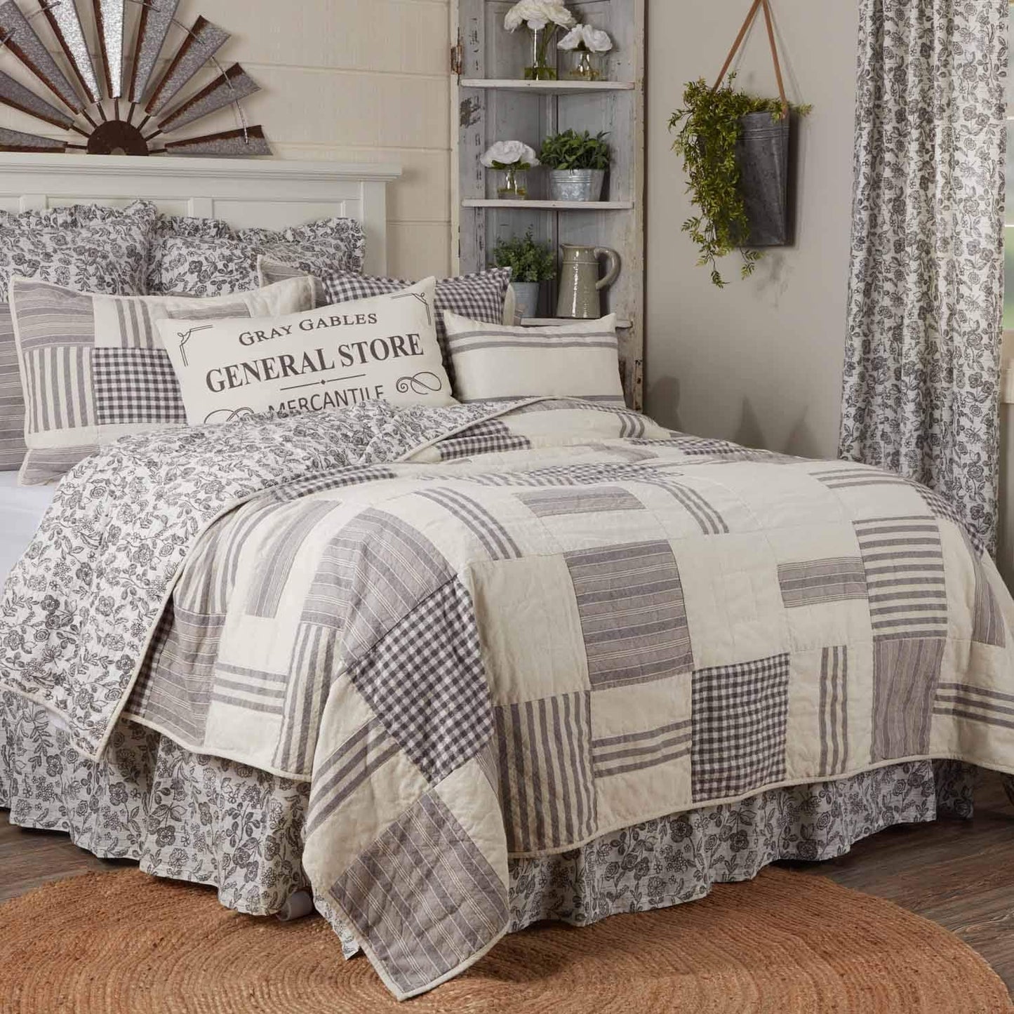 Gray Gables Queen Floral Bed Skirt w/ 16" Drop, Gray and Soft White Printed Dust Ruffle, Gathered, Country Cottage, Vintage Farmhouse Bedding