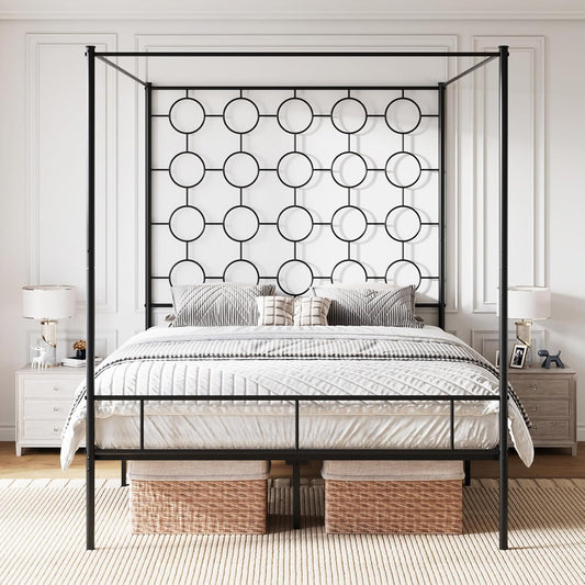 Queen Size Metal Canopy Bed Frame, Mattress Foundation with Metal Slat Support, No Box Spring Needed, Easy Assembly, Black