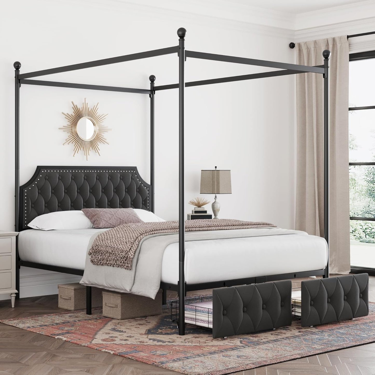 Keyluv Queen Upholstered Canopy Bed Frame with 2 Drawer and Button Tufted Headboard Metal Platform Bed with 4 Removable Posts Two-Purpose Velvet Bed No Box Spring Needed Dark Grey/Curtain Not Included