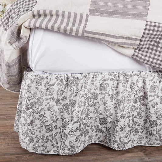 Gray Gables Queen Floral Bed Skirt w/ 16" Drop, Gray and Soft White Printed Dust Ruffle, Gathered, Country Cottage, Vintage Farmhouse Bedding