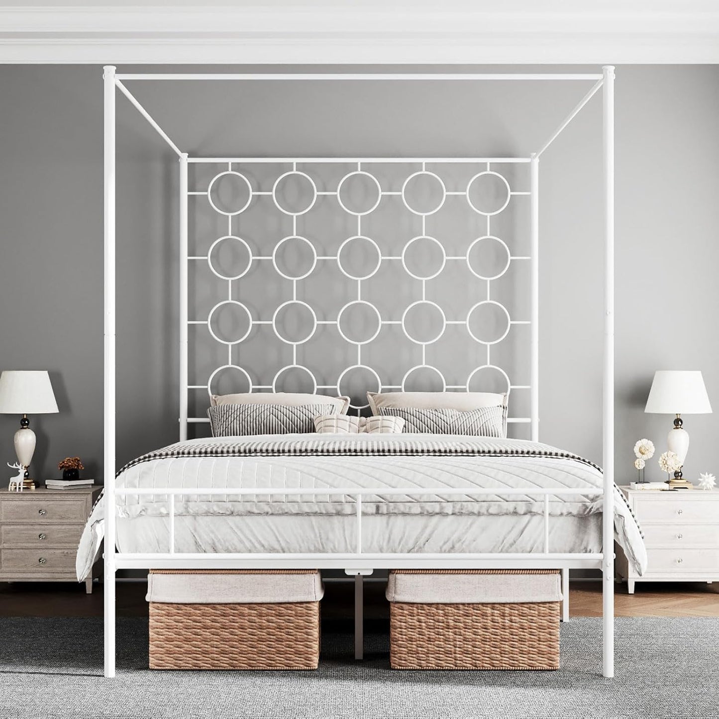 Queen Size Metal Canopy Bed Frame, Mattress Foundation with Metal Slat Support, No Box Spring Needed, Easy Assembly, Black